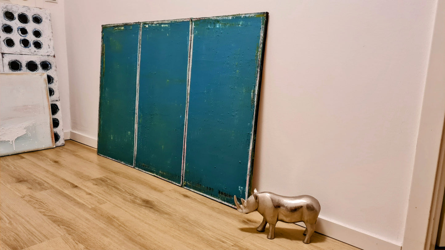 Schubladengedanken einordnen / 120 x 80 cm / blau grün, Schubladengedanken einordnen / 120 x 80 cm plus schwarzen Schattenfugenrahmen / blau grün abstrakte acrylbilder auf leinwand