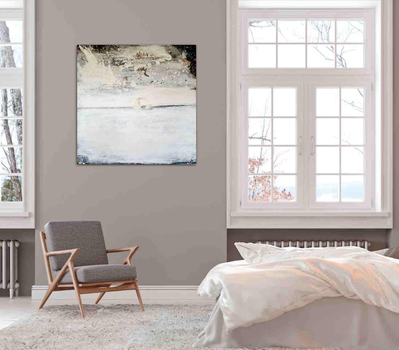 weisses bild - Dem Schneegestöber ganz nah - Ein Bergabenteuer in einem abstrakten Kunstwerk Abstrakte Bilder & moderne Auftragsmalerei, abstrakte große bilder online kaufen, Auftrags Malere