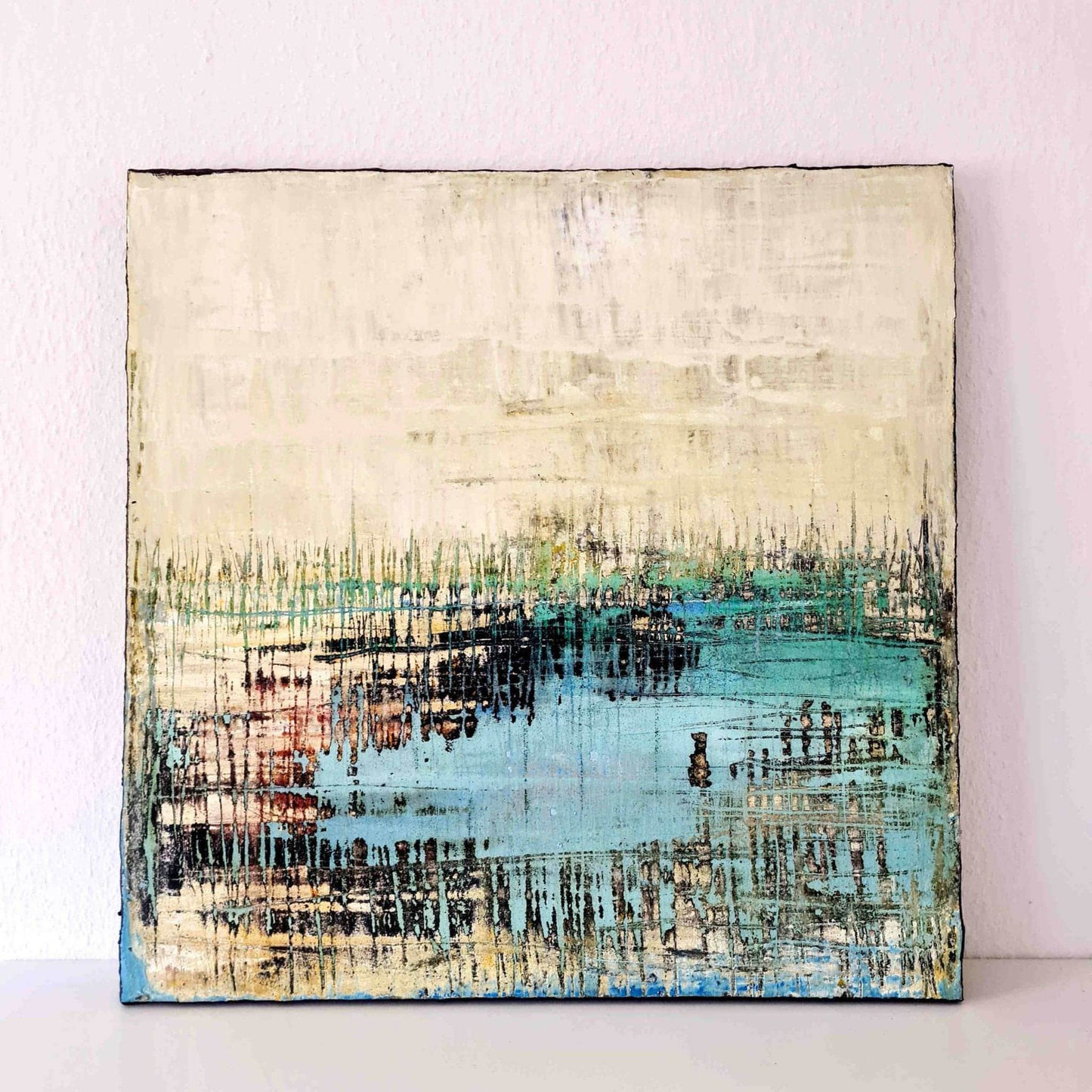 abstraktes Bild in beige, türkis - Hafenschilf mal anders - Moderne Auftragsmalerei Abstrakte Bilder & moderne Auftragsmalerei, abstrakte große bilder online kaufen, Auftrags Malere