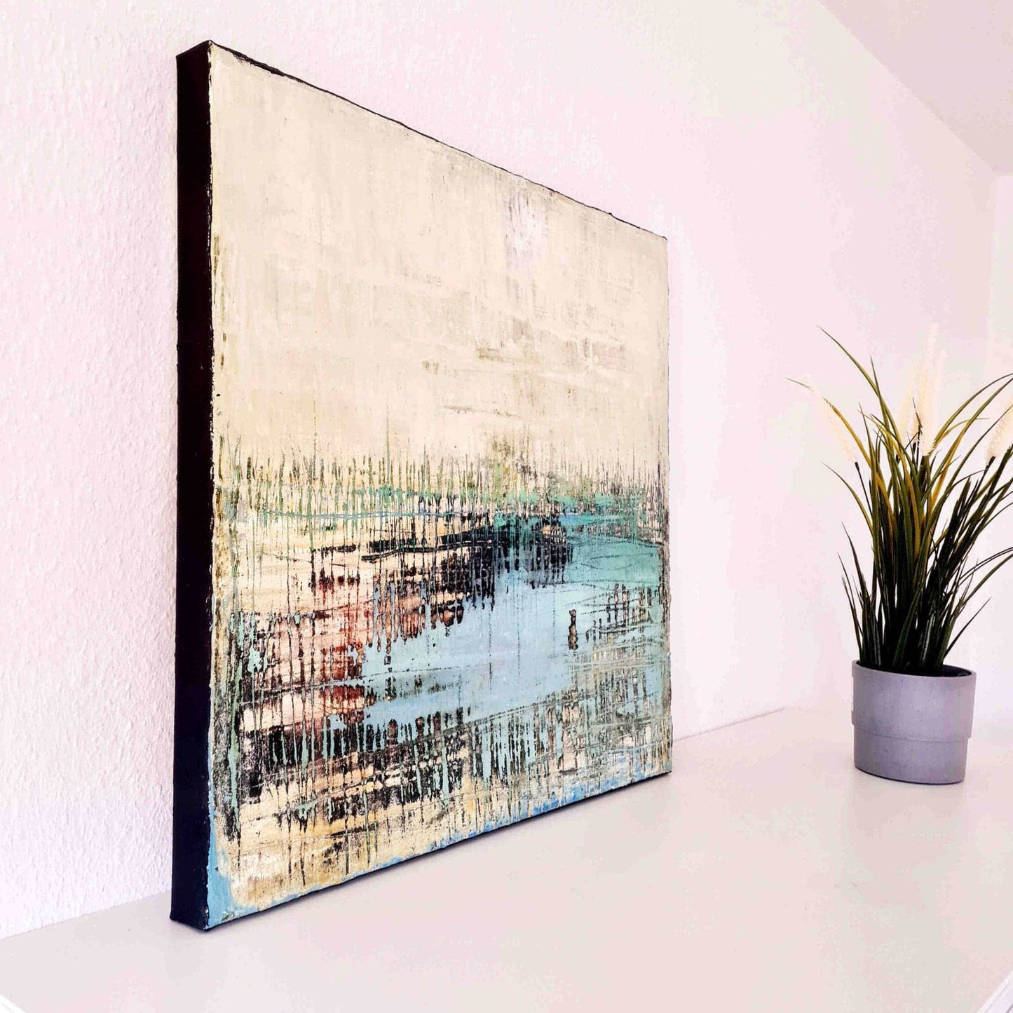 abstraktes Bild in beige, türkis - Hafenschilf mal anders - Moderne Auftragsmalerei Abstrakte Bilder & moderne Auftragsmalerei, abstrakte große bilder online kaufen, Auftrags Malere