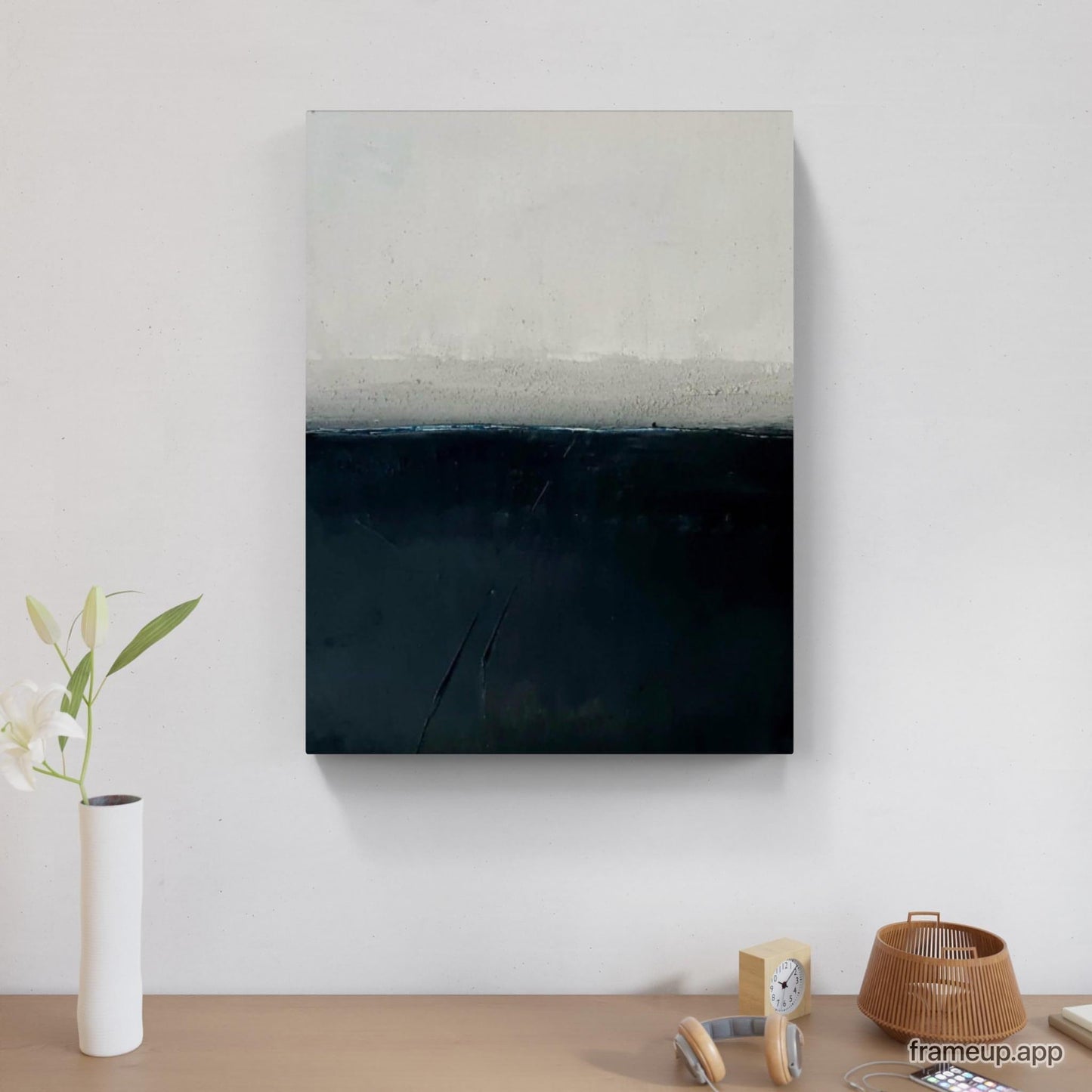 Ruhige Landschaft in Schwarz-Weiß: Ein minimalistisches Gemälde mit morgendlichem Nebel Abstrakte Bilder & moderne Auftragsmalerei, abstrakte große bilder online kaufen, Auftrags Malere
