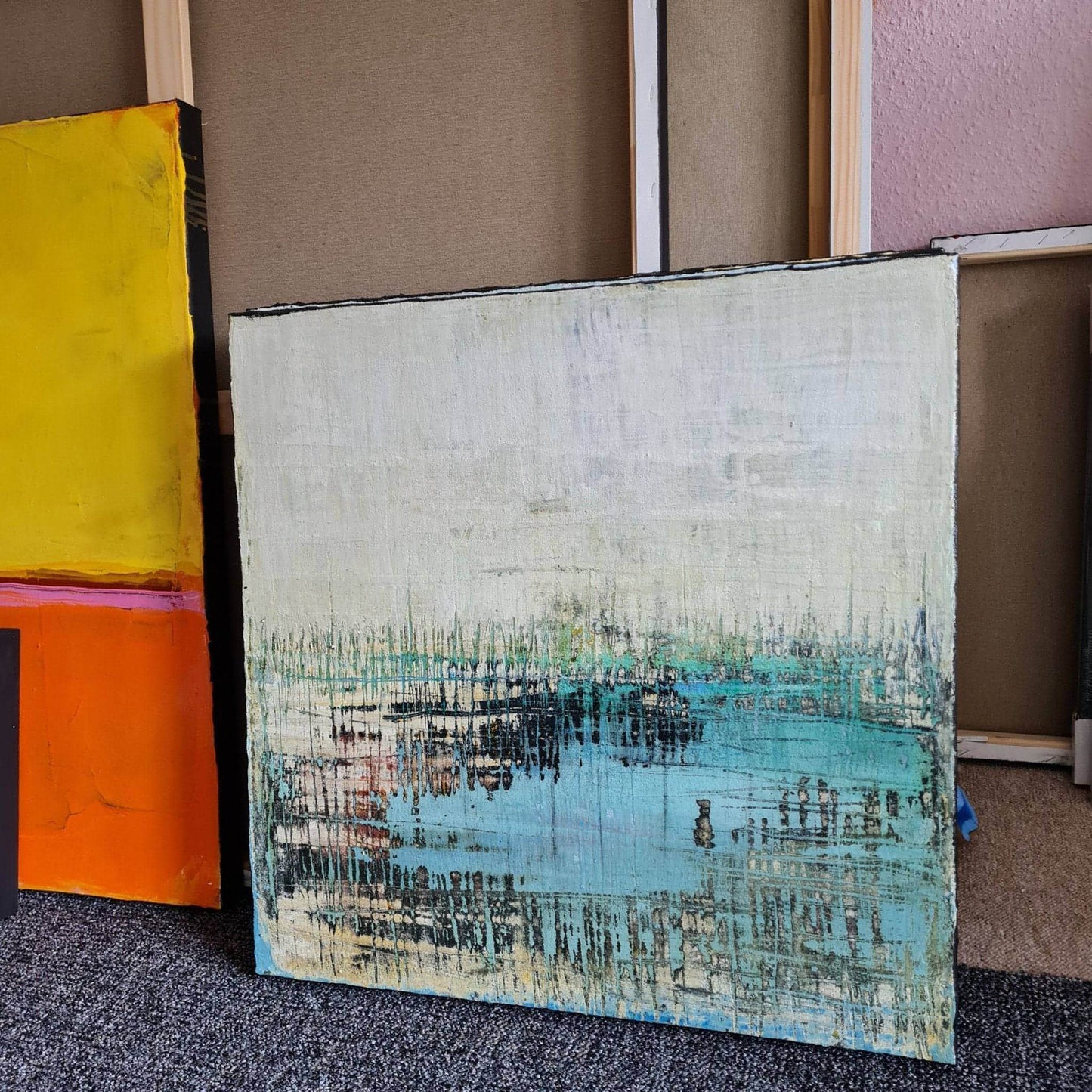 abstraktes Bild in beige, türkis - Hafenschilf mal anders - Moderne Auftragsmalerei Abstrakte Bilder & moderne Auftragsmalerei, abstrakte große bilder online kaufen, Auftrags Malere