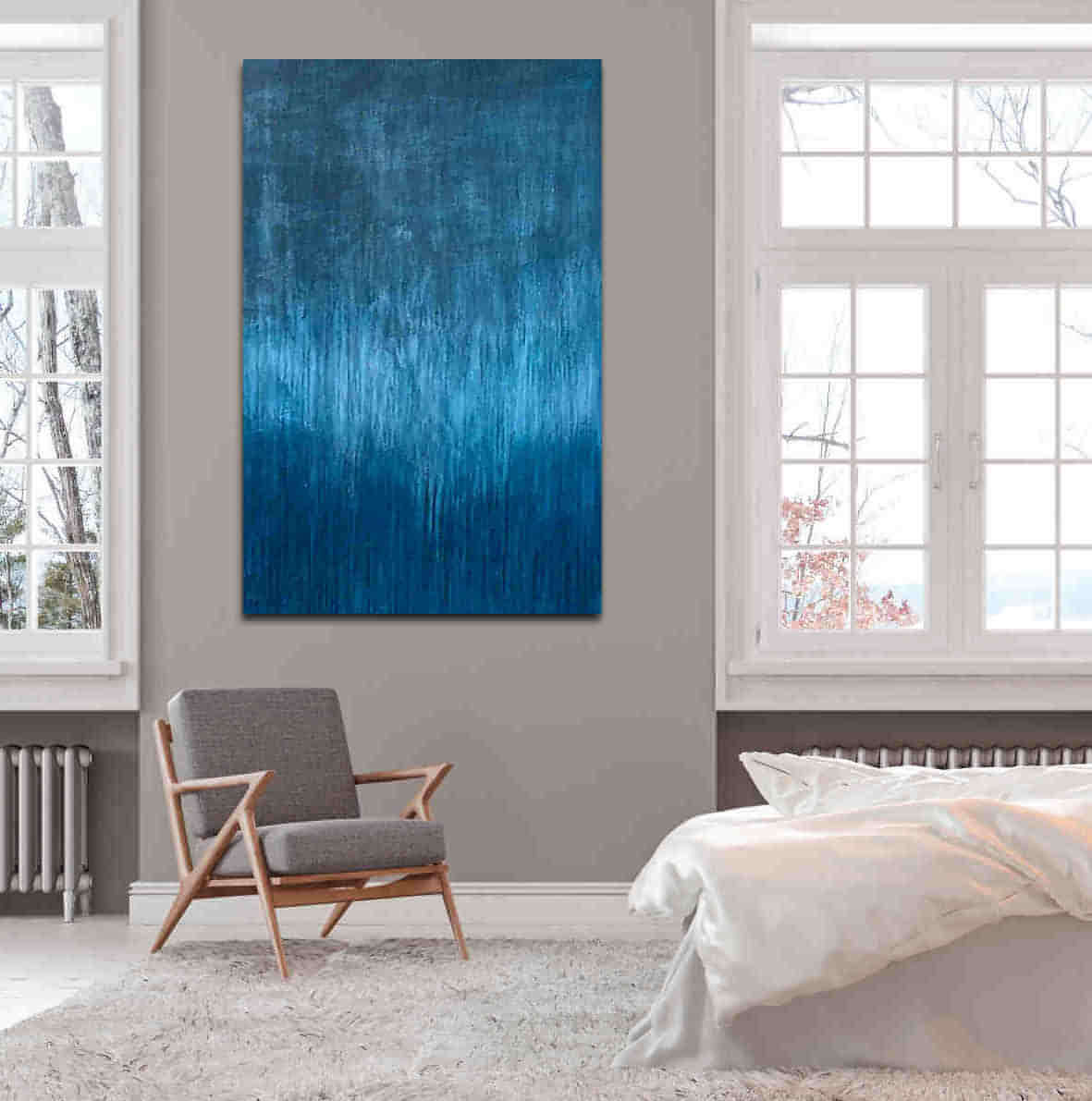 Blaues Gemälde in Kratztechnik mit Nordsee- und Ostsee-Atmosphäre Abstrakte Bilder & moderne Auftragsmalerei, abstrakte große bilder online kaufen, Auftrags Malere