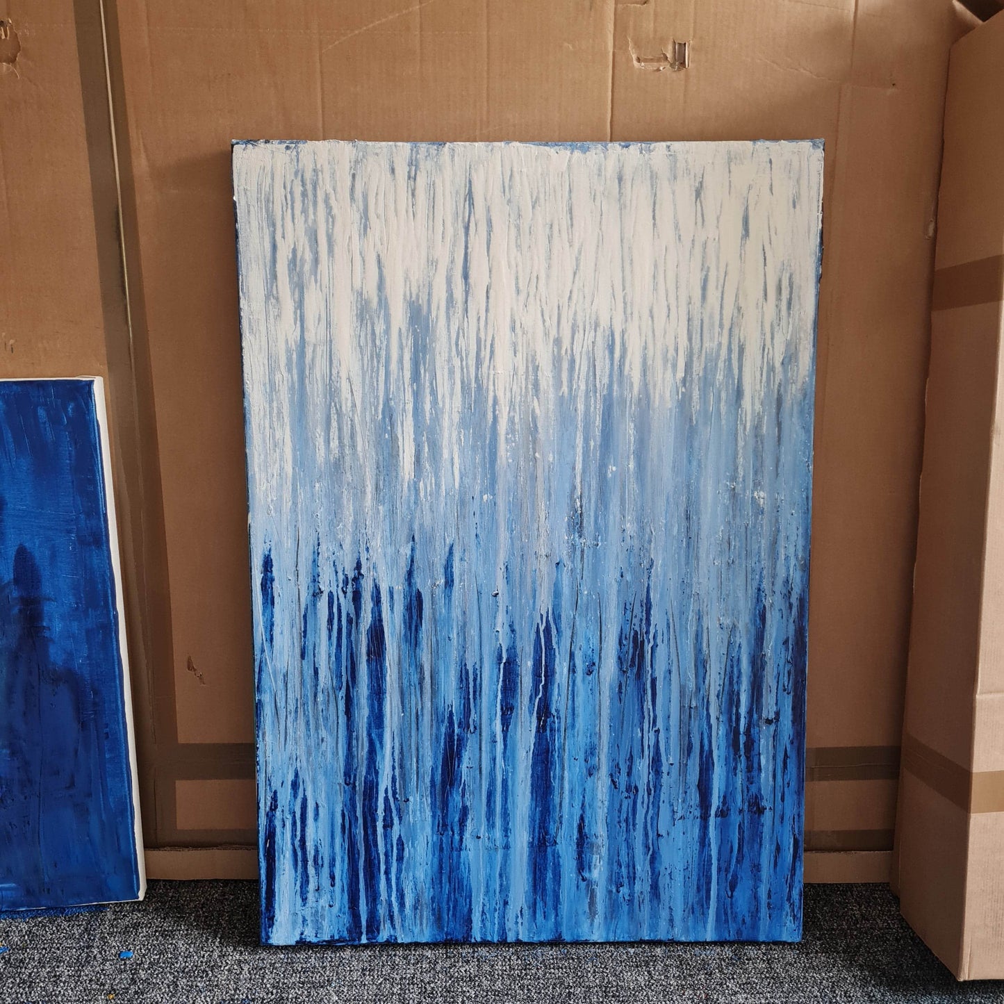 blau weißes Bild - Kratztechnik als Auftragsbild auf 100 x 70 cm Leinwand Abstrakte Bilder & moderne Auftragsmalerei, abstrakte große bilder online kaufen, Auftrags Malere
