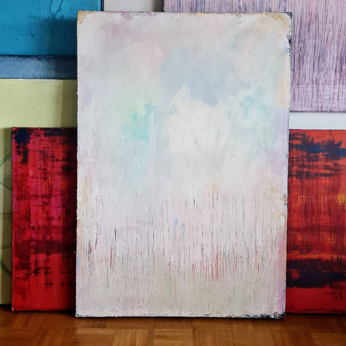 Zwei in einem Boot / 130 x 90 cm / weiss pastell abstrakte acrylbilder auf leinwand