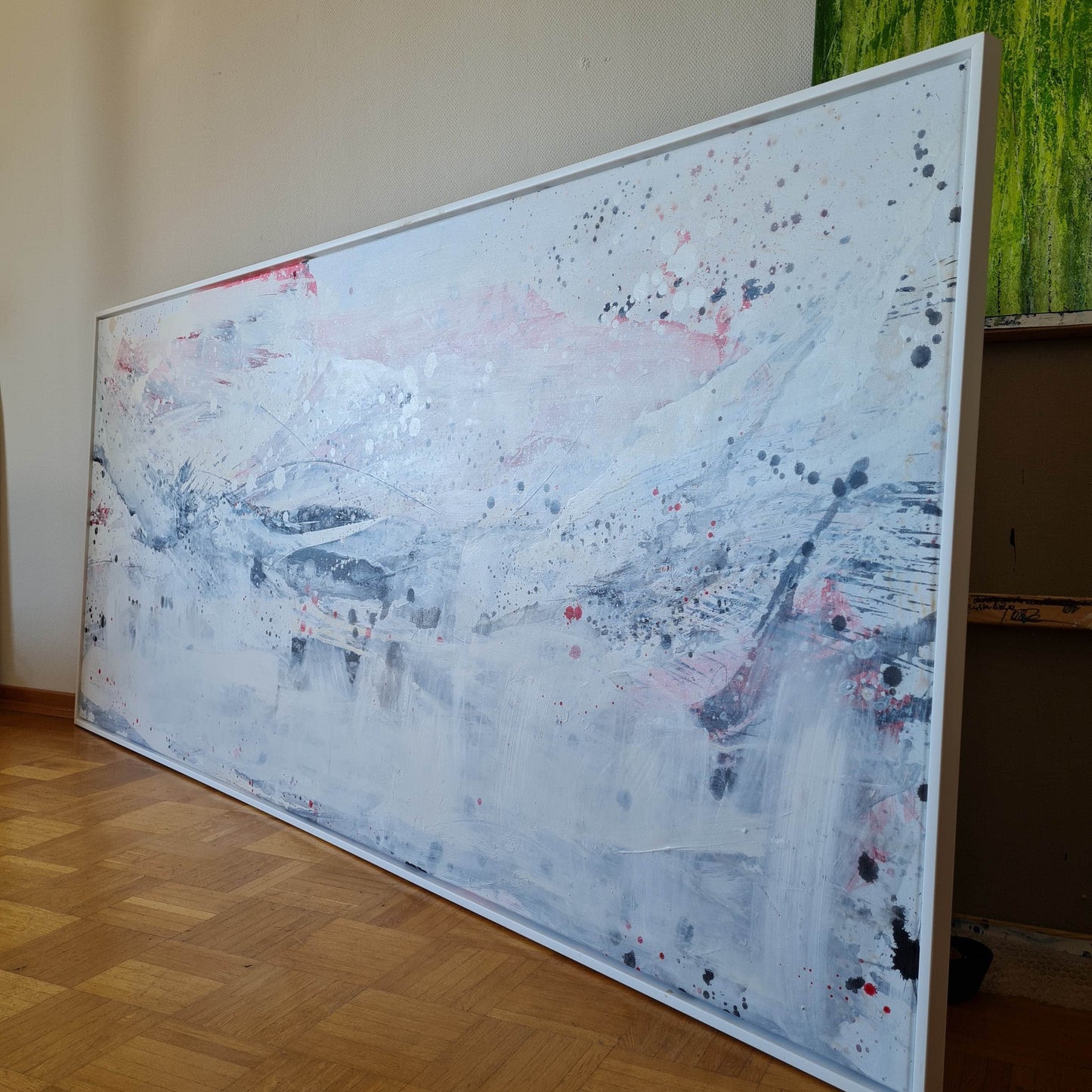 Anreise inkl. Schattenfugenrahmen in weiß / 230 x 100 cm / weiss abstrakte acrylbilder auf leinwand