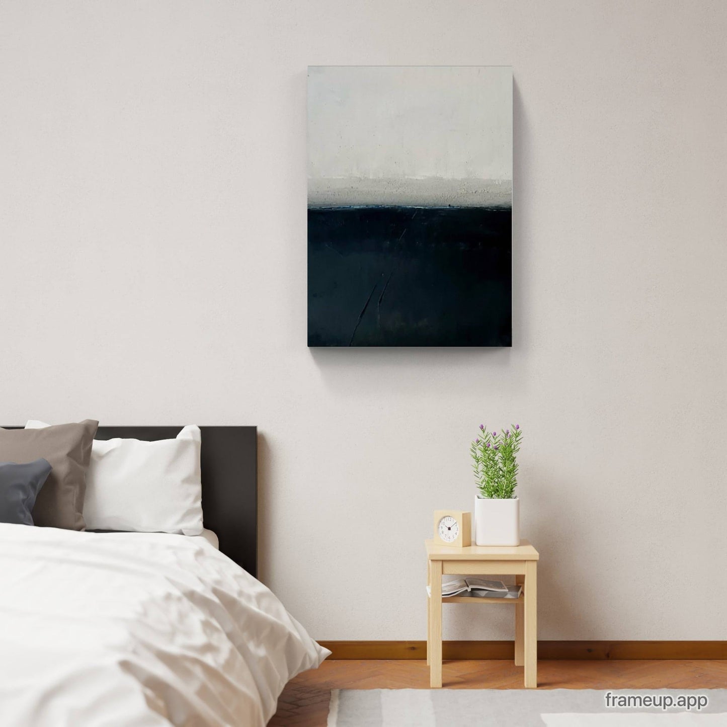 Ruhige Landschaft in Schwarz-Weiß: Ein minimalistisches Gemälde mit morgendlichem Nebel Abstrakte Bilder & moderne Auftragsmalerei, abstrakte große bilder online kaufen, Auftrags Malere