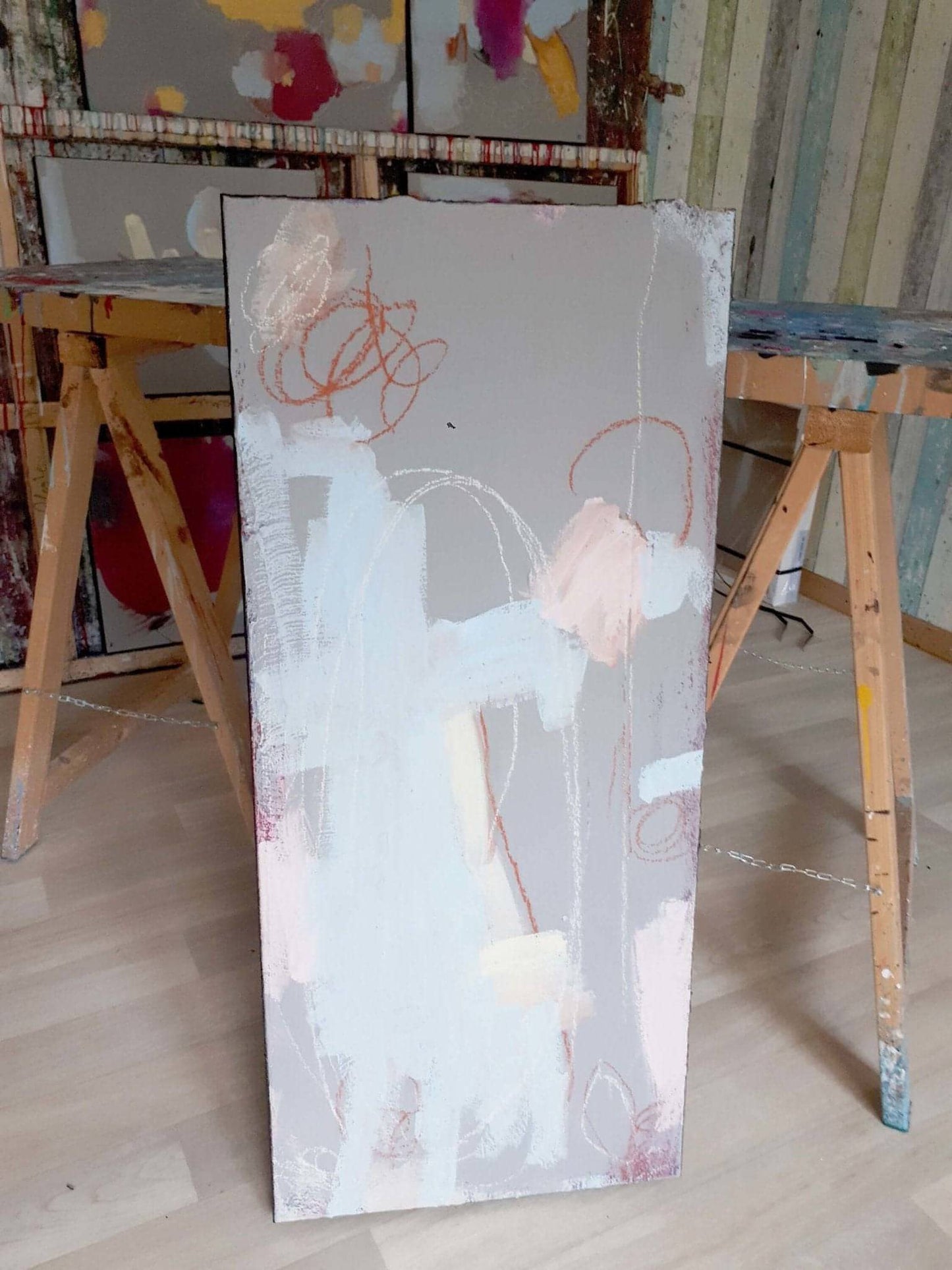 VORHANDEN / graue hellblaue Bilder / Mutterliebe / 90 x 40 cm / Art Abstrakte Bilder & moderne Auftragsmalerei, abstrakte große bilder online kaufen, Auftrags Malere