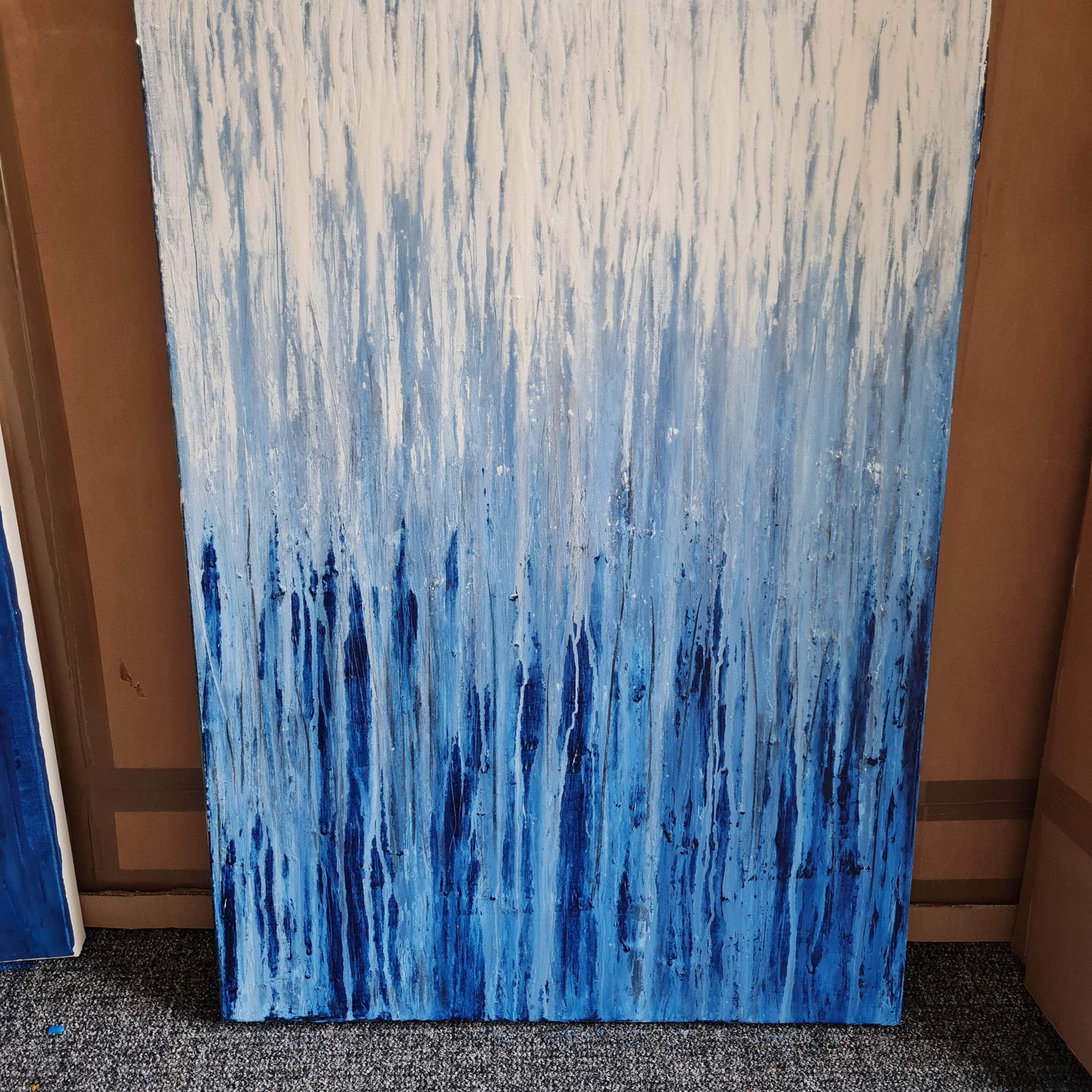 blau weißes Bild - Kratztechnik als Auftragsbild auf 100 x 70 cm Leinwand Abstrakte Bilder & moderne Auftragsmalerei, abstrakte große bilder online kaufen, Auftrags Malere