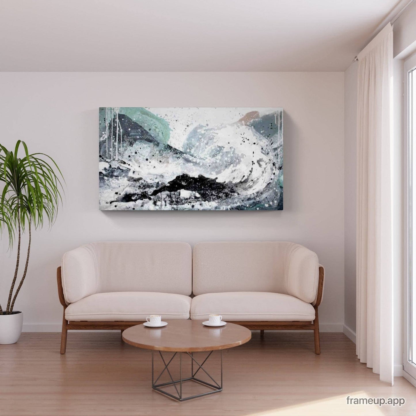 Mint-Weißes Wellenbild mit Landschaft - Unikat durch Fließtechnik Abstrakte Bilder & moderne Auftragsmalerei, abstrakte große bilder online kaufen, Auftrags Malere