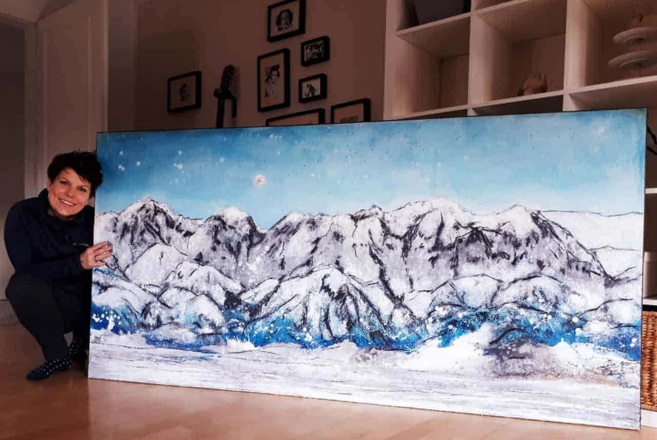 150 x 60 cm / blau / Lieblingsgebirge, 160 x 100 cm / blau / Lieblingsgebirge, 200 x 100 cm / blau / Lieblingsgebirge, Panoramaformat 250 x 70 cm / blau / Lieblingsgebirge abstrakte acrylbilder auf leinwand Auftragsmalerei