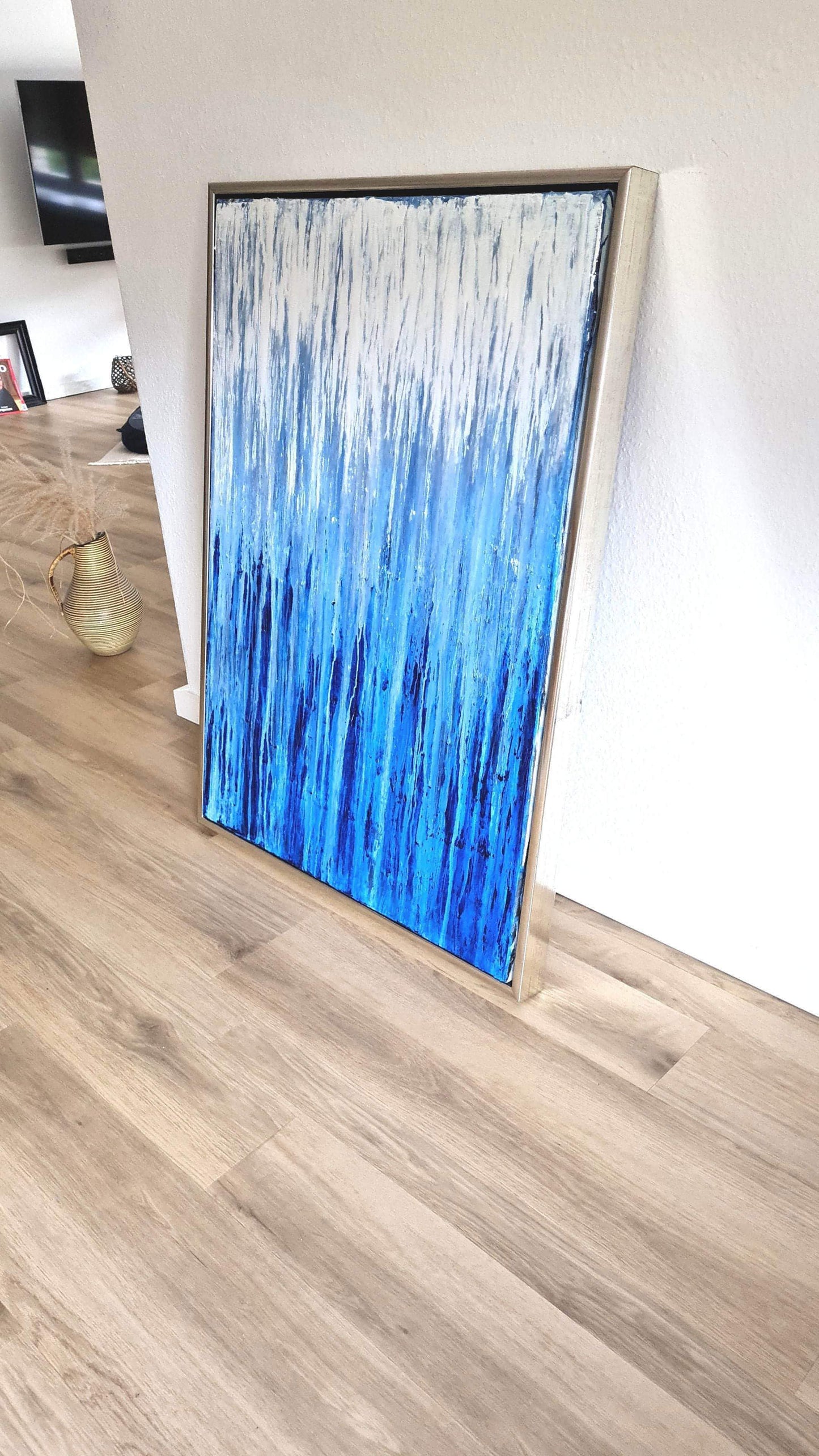 blau weißes Bild - Kratztechnik als Auftragsbild auf 100 x 70 cm Leinwand Abstrakte Bilder & moderne Auftragsmalerei, abstrakte große bilder online kaufen, Auftrags Malere
