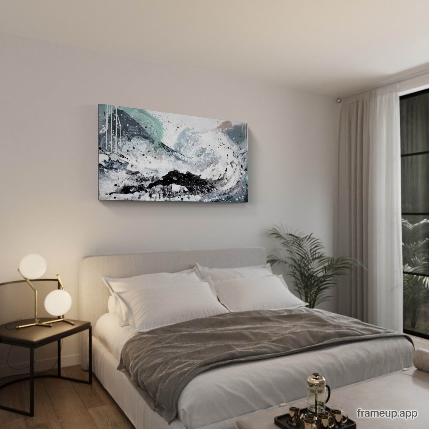 Mint-Weißes Wellenbild mit Landschaft - Unikat durch Fließtechnik Abstrakte Bilder & moderne Auftragsmalerei, abstrakte große bilder online kaufen, Auftrags Malere