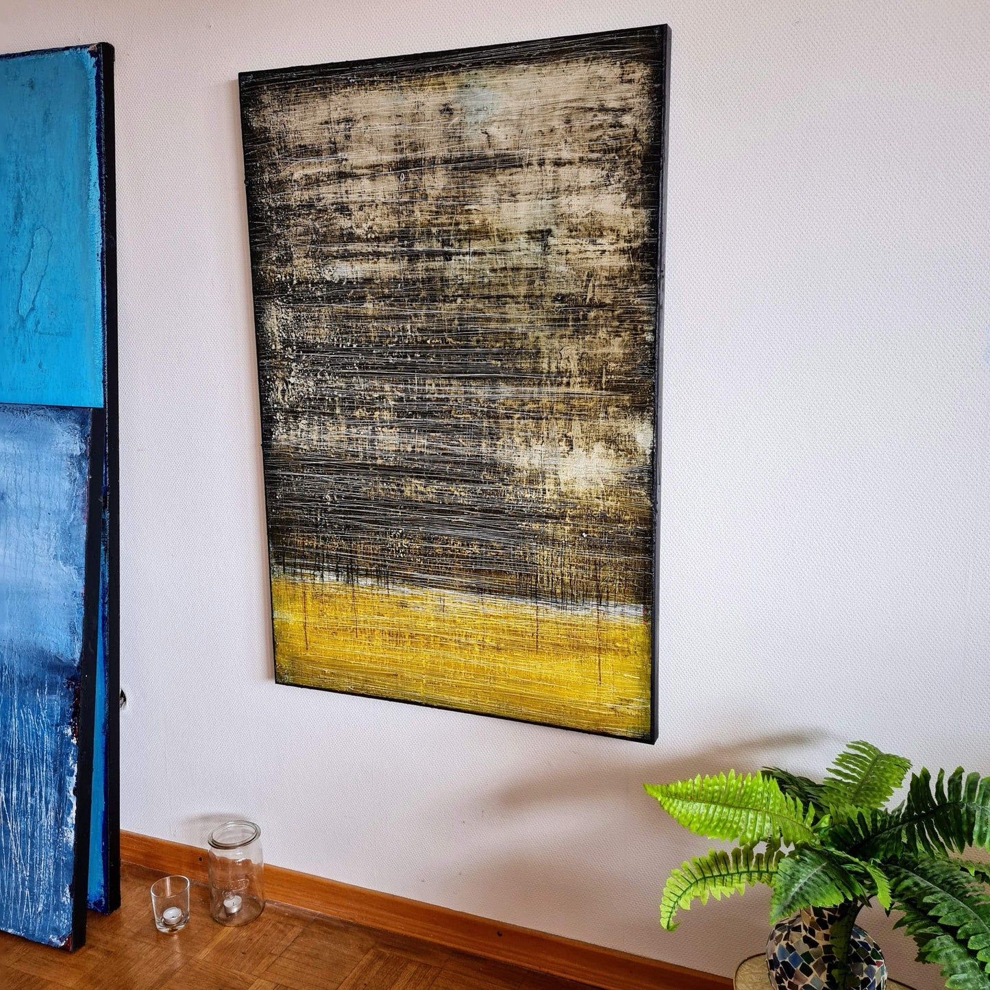 Mehrschichtiges Kunstwerk in Schwarz und Olivgrün - Direkt verfügbar! Abstrakte Bilder & moderne Auftragsmalerei, abstrakte große bilder online kaufen, Auftrags Malere