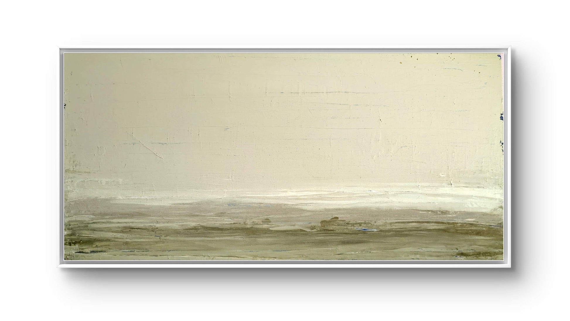 Zwischen Sommer und Herbst II" von Conny Wachsmann: Minimalistisches Original in sanften Beige- und Brauntönen; oberer Bereich hellbeige, unteres Drittel mit erdig-brauner Spachtelarbeit für eine ruhige, abstrakte Landschaft. Inklusive weißem Rahmen.