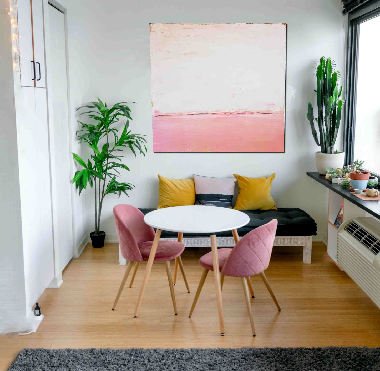 Neustart / 160 x 160 cm / Weiß rosa acrylbilder auf leinwand