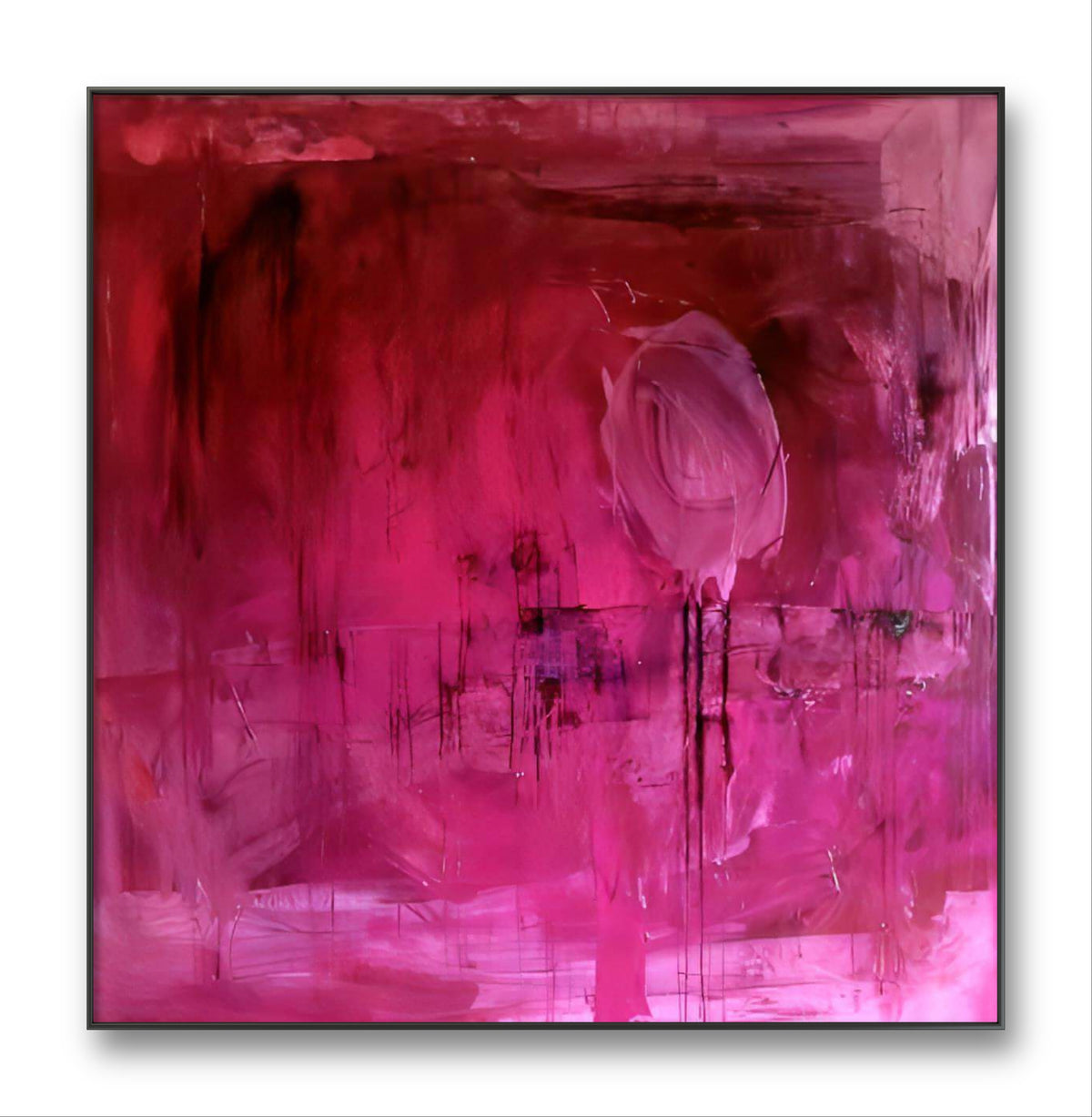 Liebesgruß – modernes Leinwandbild, Detailansicht Motiv 1.0. Das Gemälde "Liebesgruß", welches in Spachteloptik und mehreren Farben, wie Rottönen, Orange, Magenta, Braun und Blau ge