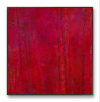 Das Bilderset „Stärke“ von Conny Wachsmann zeigt ein quadratisches abstraktes Gemälde mit satten Rottönen, einem Hauch von Lila und Blau, zarten vertikalen Streifen, strukturierten Mustern und einem schmalen schwarzen Rahmen – perfekt für kuratierte Bildersets.