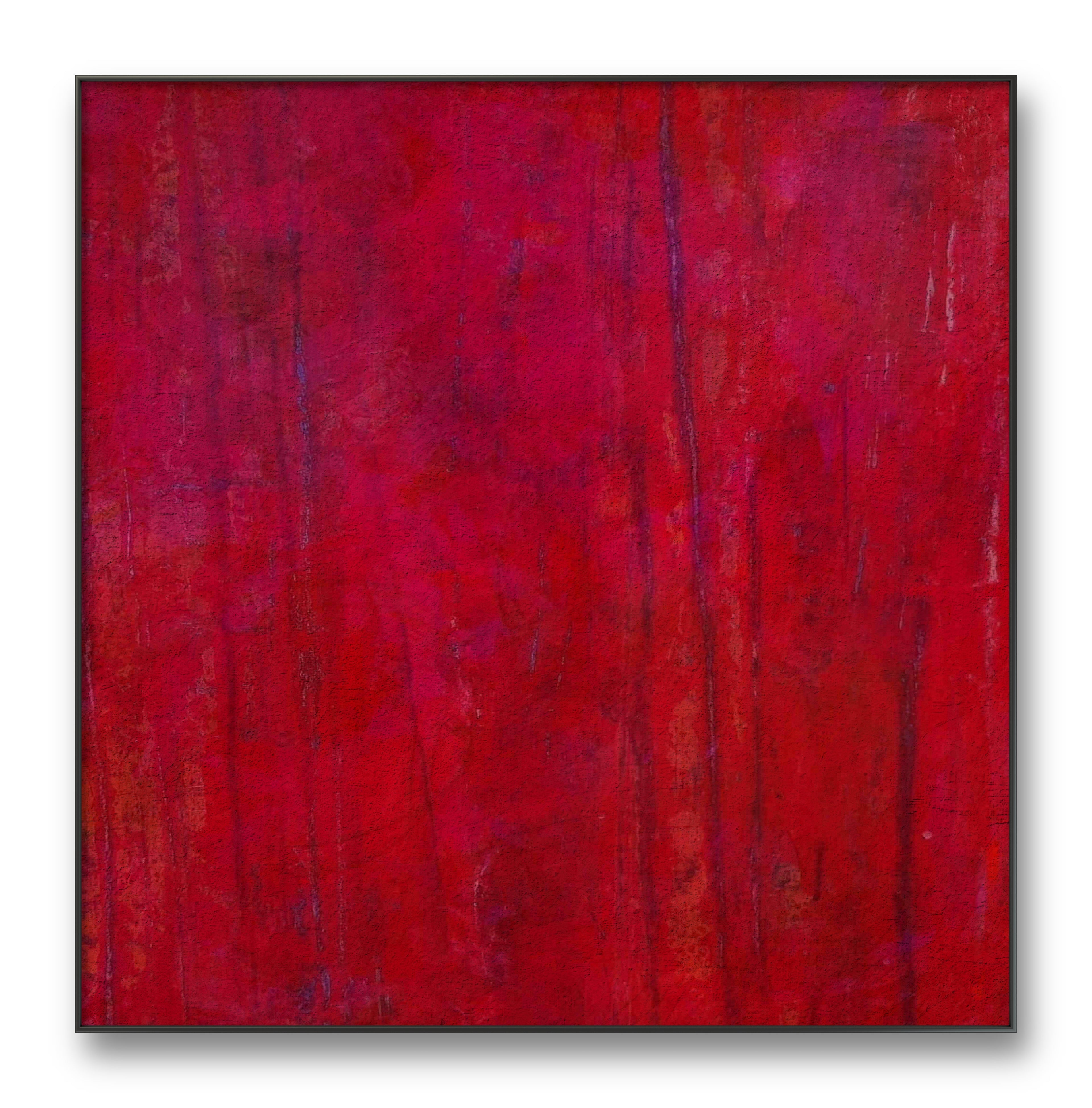 Das Bilderset „Stärke“ von Conny Wachsmann zeigt ein quadratisches abstraktes Gemälde mit satten Rottönen, einem Hauch von Lila und Blau, zarten vertikalen Streifen, strukturierten Mustern und einem schmalen schwarzen Rahmen – perfekt für kuratierte Bildersets.