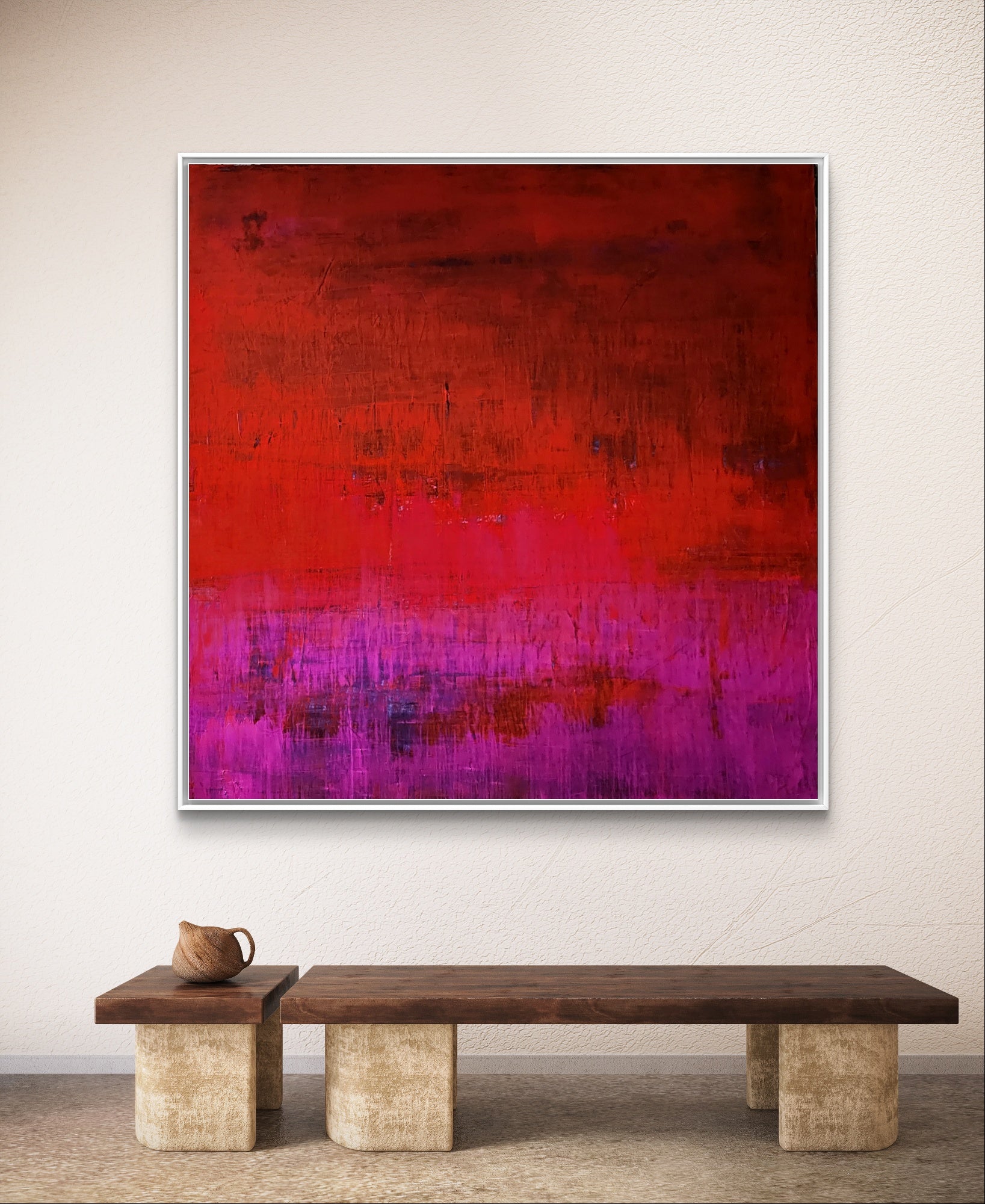 Abstraktes Gemälde Rot Groß – mit Struktur – Zeitgenössische Kunst in Wohnraumansicht