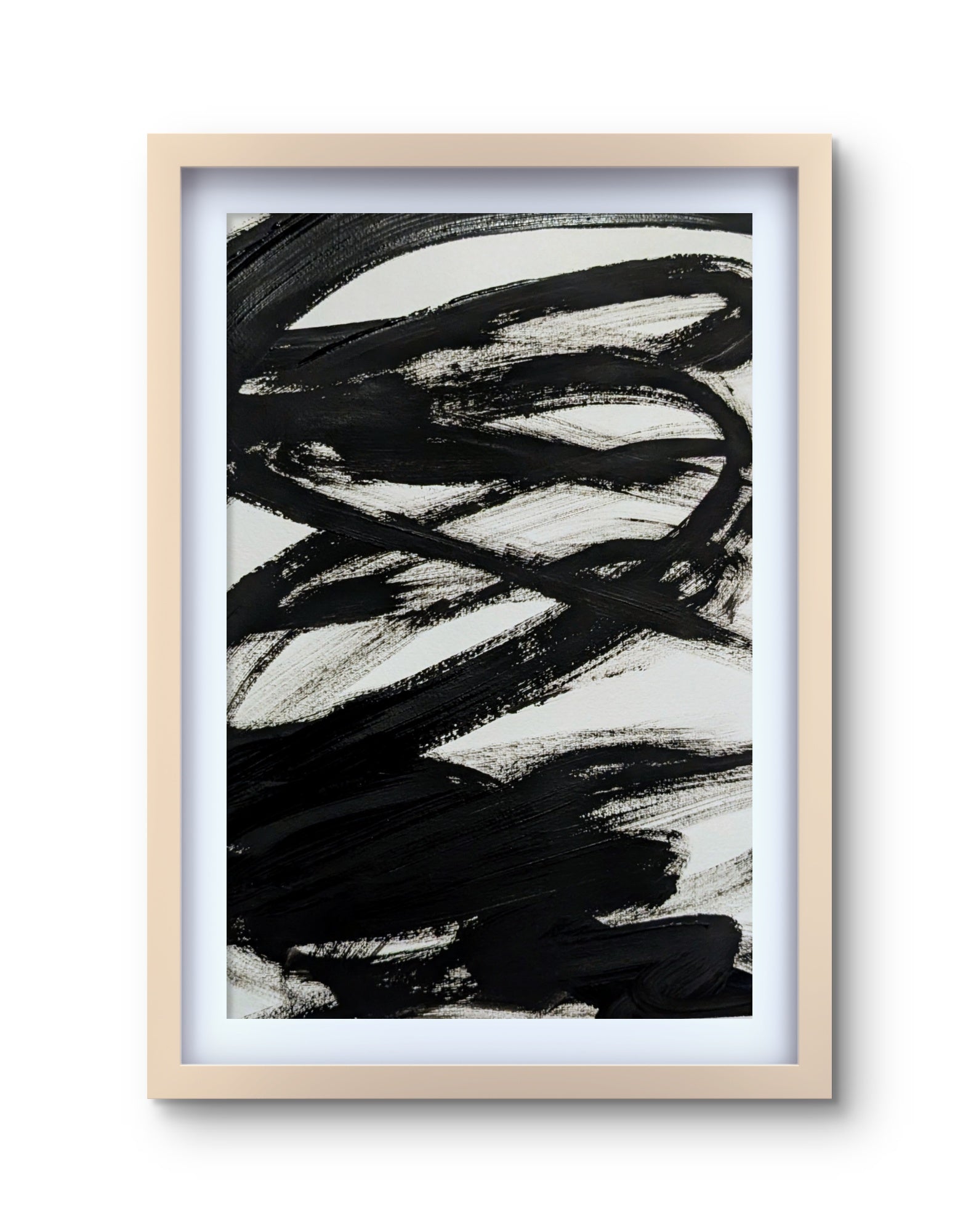 Zeichnungen & Reduktion III von Conny Wachsmann zeichnet sich durch kühne schwarze Pinselstriche auf Weiß aus, die eine dynamische minimalistische Kunst schaffen. Die in hellem Holz gerahmte Originalzeichnung von Malpappe zeigt schwungvolle Kurven und sich kreuzende Linien.