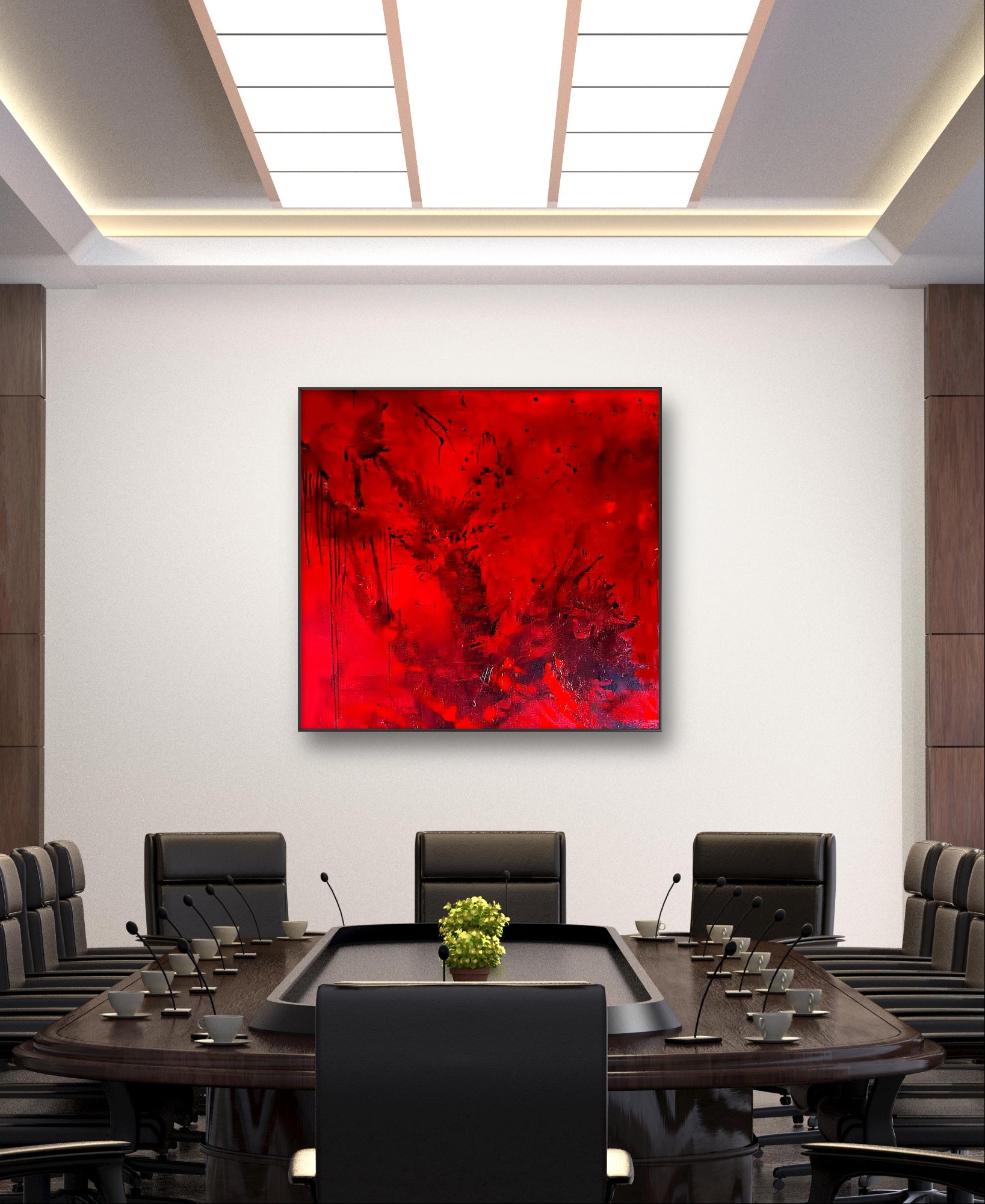 Ein moderner Konferenzraum mit einem dunklen ovalen Tisch, schwarzen Stühlen, einer kleinen Grünpflanze und "Butterfly" der Künstlerin Conny Wachsmann als plakatives Kunstwerk an der Wand unter hellem Licht - perfekt für maßgeschneiderte Kunstausstellungen.