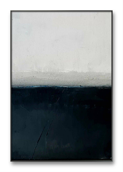 Auftragskunst, abstrakte Bilder, Ruhige Landschaft in Schwarz-Weiß: Minimalistisches Gemälde mit morgendlichem Nebel,gemalte-bilder-in-schwarz-weiss, abstrakte Bilder kaufen ,