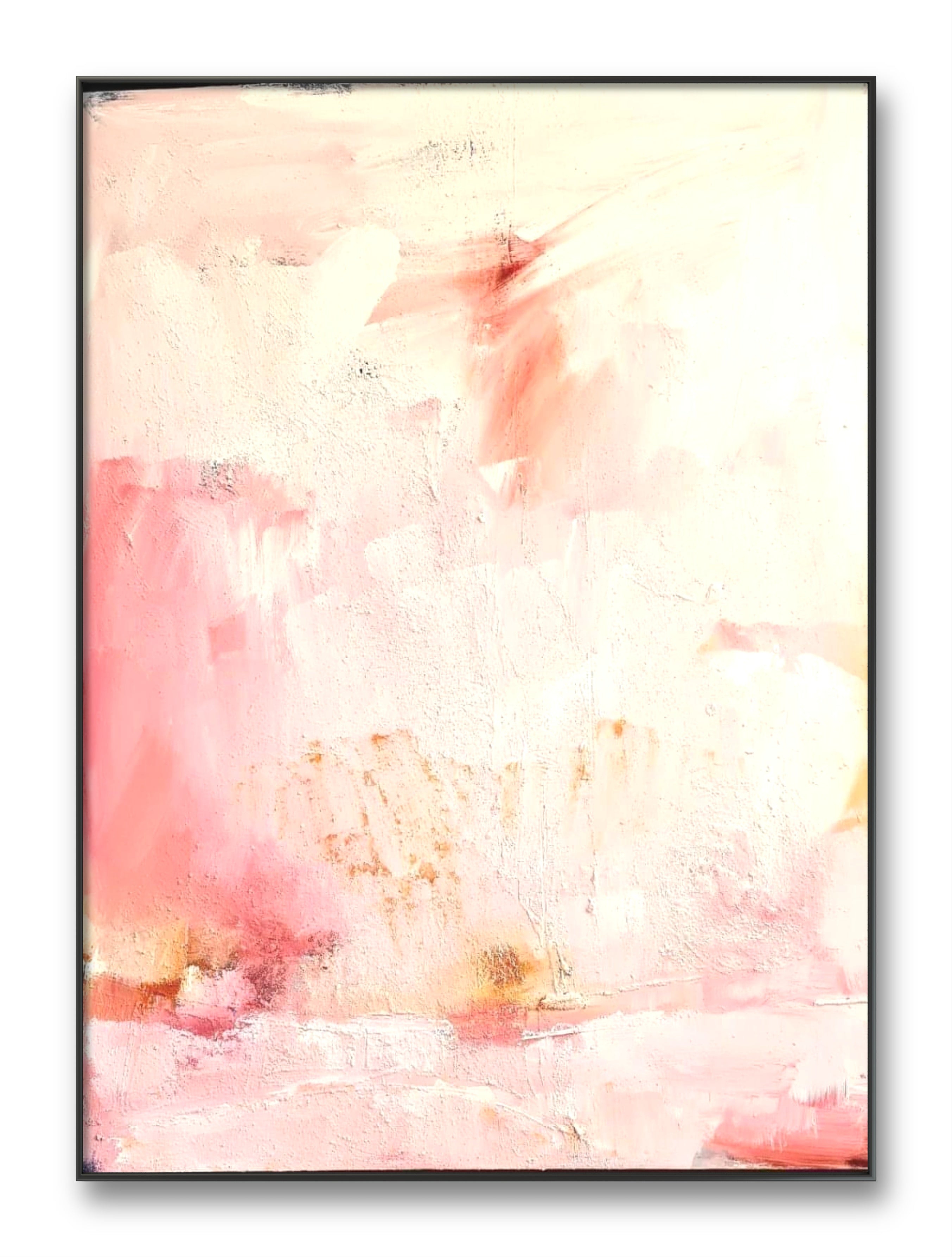 Neuer Tag – modernes Leinwandbild, Detailansicht Motiv 1.0. Farbgestaltung mit ruhiger Wirkung
Ein abstraktes Landschaftsbild in Rosa, Pastell und Weiß, das eine sanfte und beruhig