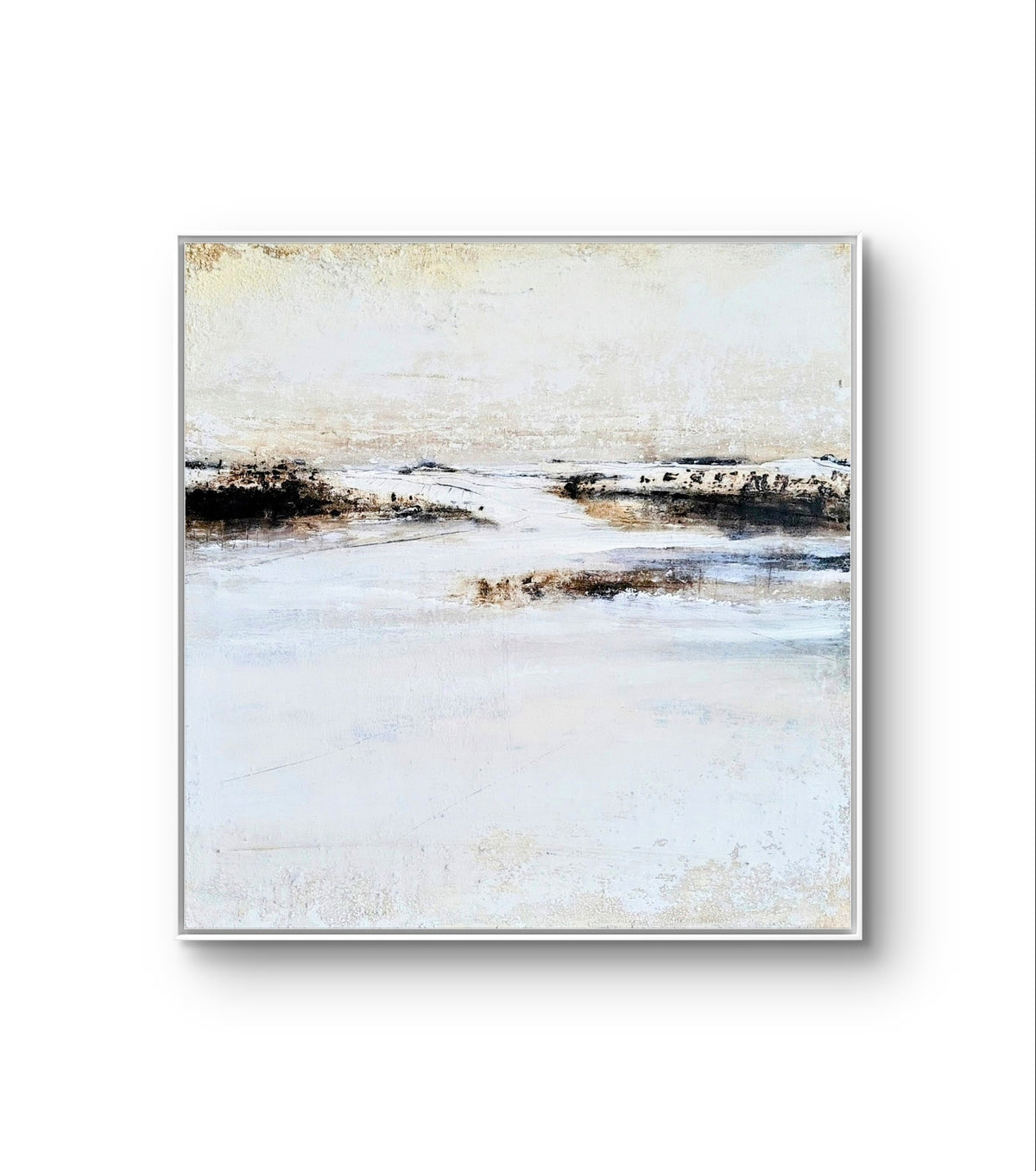 Weisses abstraktes Bild - Heimweg – modernes Leinwandbild, Detailansicht Motiv 1.0. Minimalistische Landschaftsmalerei – Abstrakte Spachteltechnik

Dieses Werk ist eine abstrakte, minimalistische Darstell