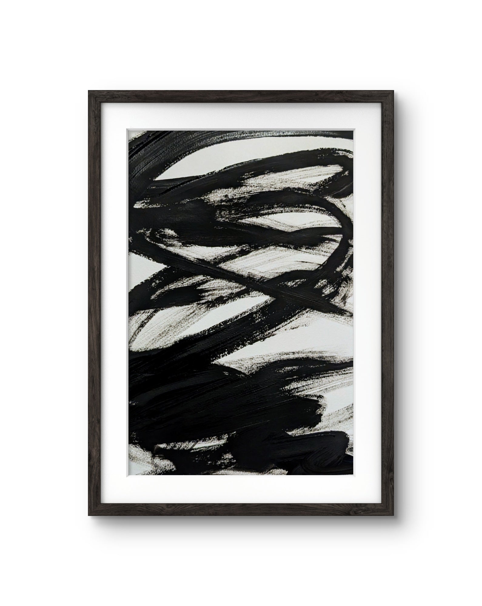 Zeichnungen & Reduktion III von Conny Wachsmann, Künstlerin, zeigt abstrakte schwarze Pinselstriche auf Weiß, gerahmt in dunklem Holz mit weißem Passepartout - minimalistische und markante Schwarz-Weiß-Kunst für moderne Interieurs.