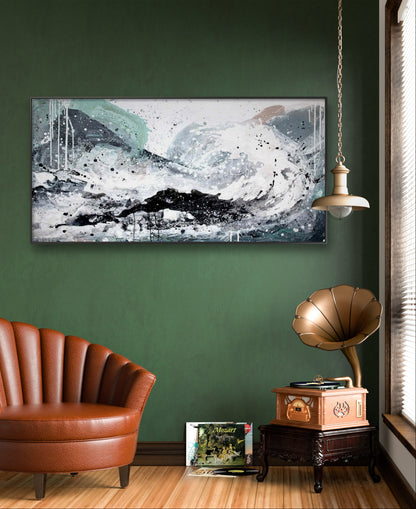 Auftragskunst, abstrakte Bilder, Mint-Weißes Wellenbild mit Landschaft - Unikat durch Fließtechnik,auftragskunst-bilder-gross, abstrakte Bilder kaufen ,