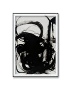 Zeichnungen & Reduktion IV" der Künstlerin Conny Wachsmann: Ein gerahmtes abstraktes Kunstwerk in Schwarz-Weiß mit kühnen, schwungvollen Pinselstrichen auf Karton, die dynamische Kurven und sich überlagernde Formen voller Bewegung schaffen.