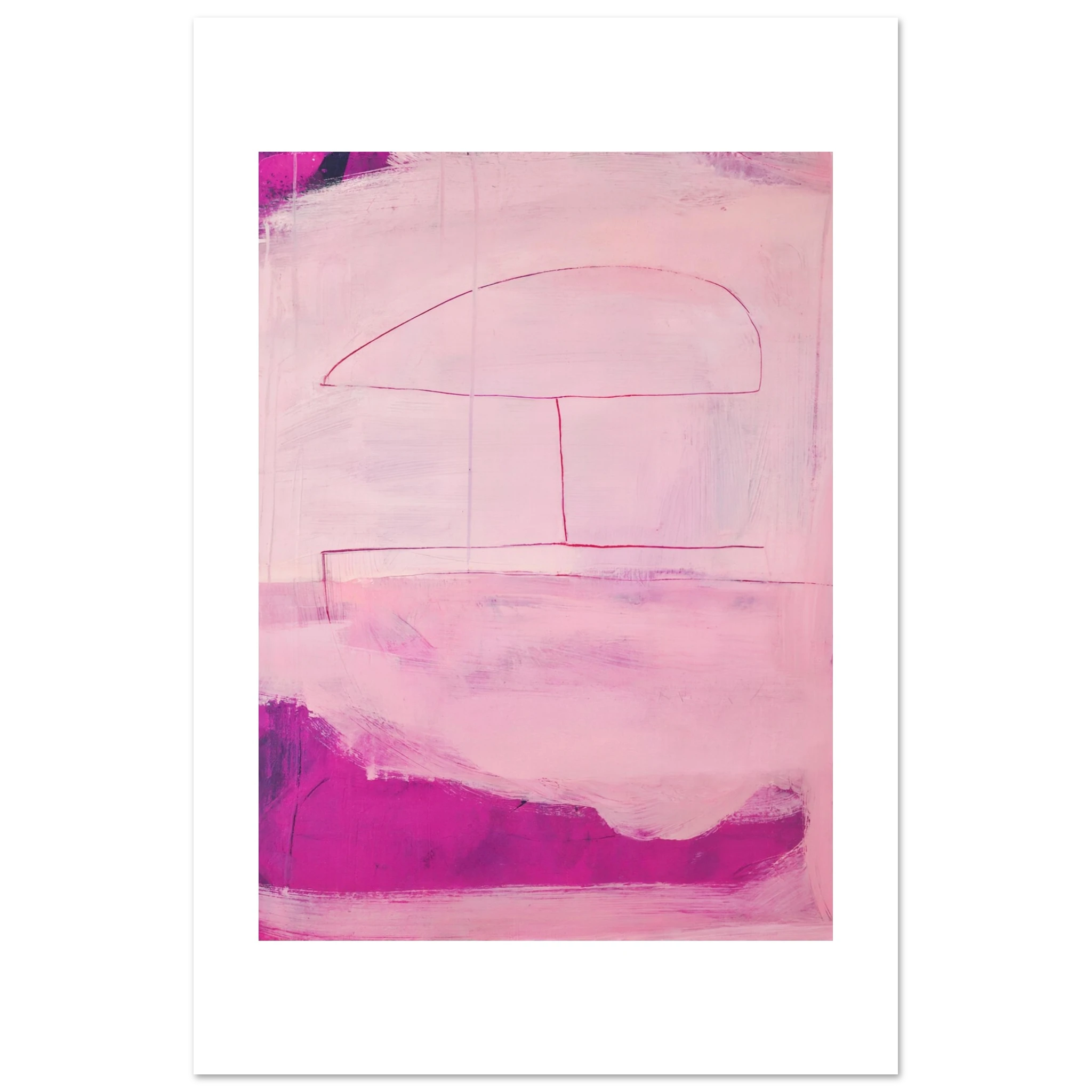 Abstraktes pinkes Poster "Sommerhusche“ – Zeitgenössische Kunst in Wohnraumansicht
