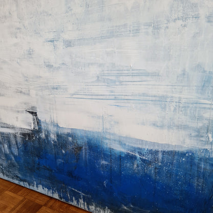 Eine abstrakte vorhandene Malerei in Blau Weiß - direkt versandfertig