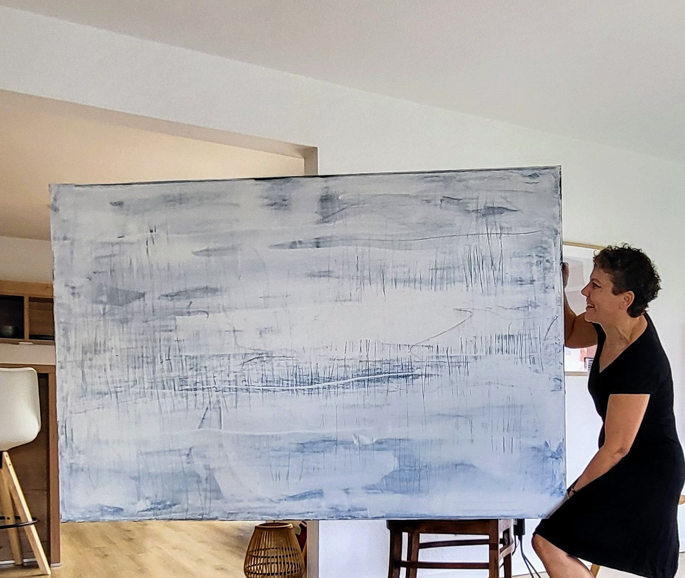 Abstraktes Gemälde Weiß für Treppenhaus – Abstrakte Wandkunst über Sofa