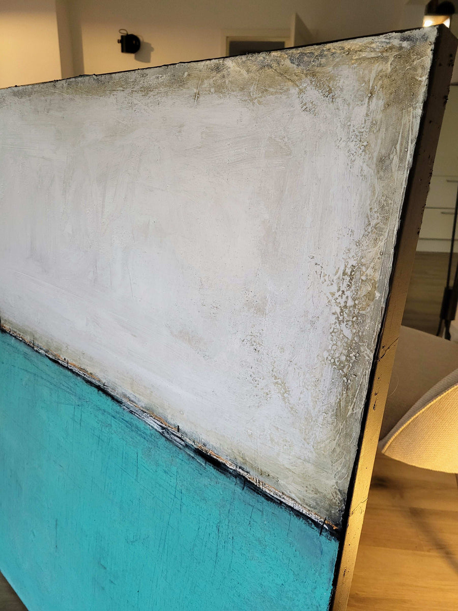 Abstraktes Gemälde Weiß – Wir Schauen Einfach Mal - Bild In Türkis Weiß – Abstrakte Wandkunst über Sofa