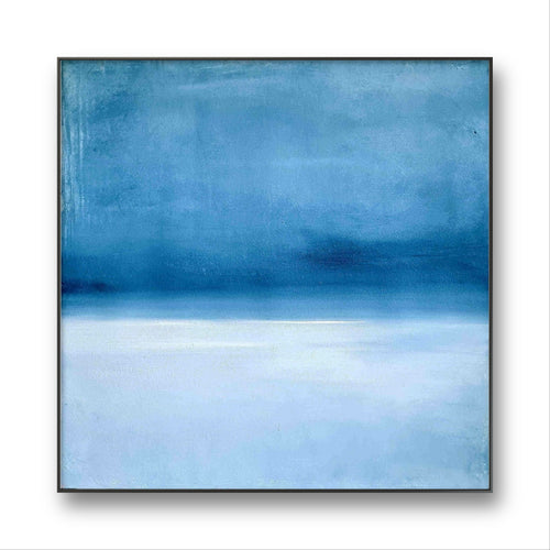 Inne halten – modernes Leinwandbild, Detailansicht Motiv 1.0. Innehalten – Eine Landschaft in Blau
Dieses abstrakte Gemälde fängt die Stimmung der Nord- und Ostsee ein, indem es bewu