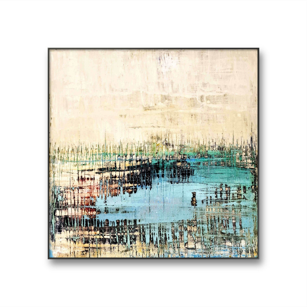 Hafenschilf – modernes Leinwandbild, Detailansicht Motiv 1.0. Hafenschilf – Natur und Struktur
Ein abstraktes Kunstwerk in Eierschale, Beige, Mintgrün und Schwarz, das eine ruhige La