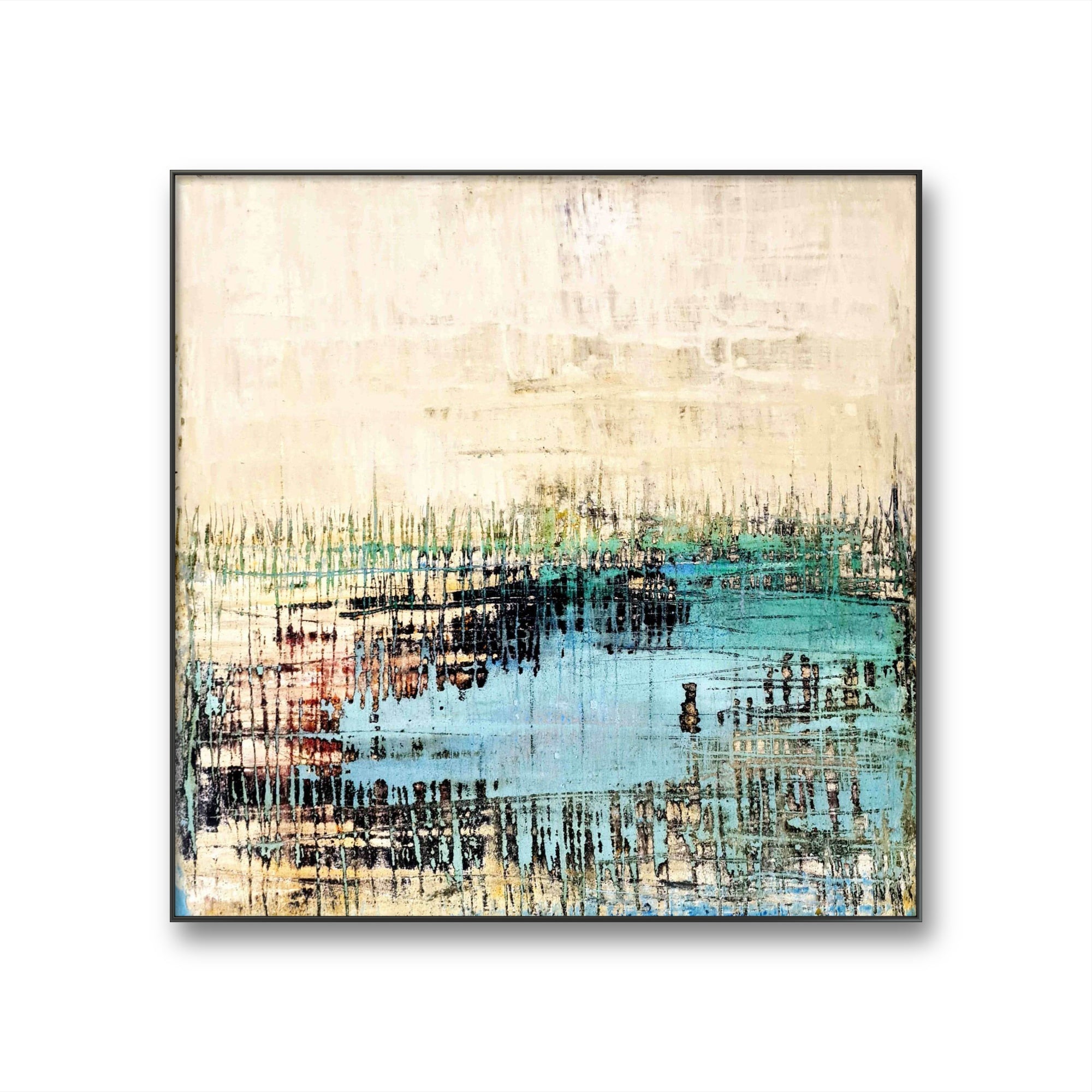 Hafenschilf – modernes Leinwandbild, Detailansicht Motiv 1.0. Hafenschilf – Natur und Struktur
Ein abstraktes Kunstwerk in Eierschale, Beige, Mintgrün und Schwarz, das eine ruhige La