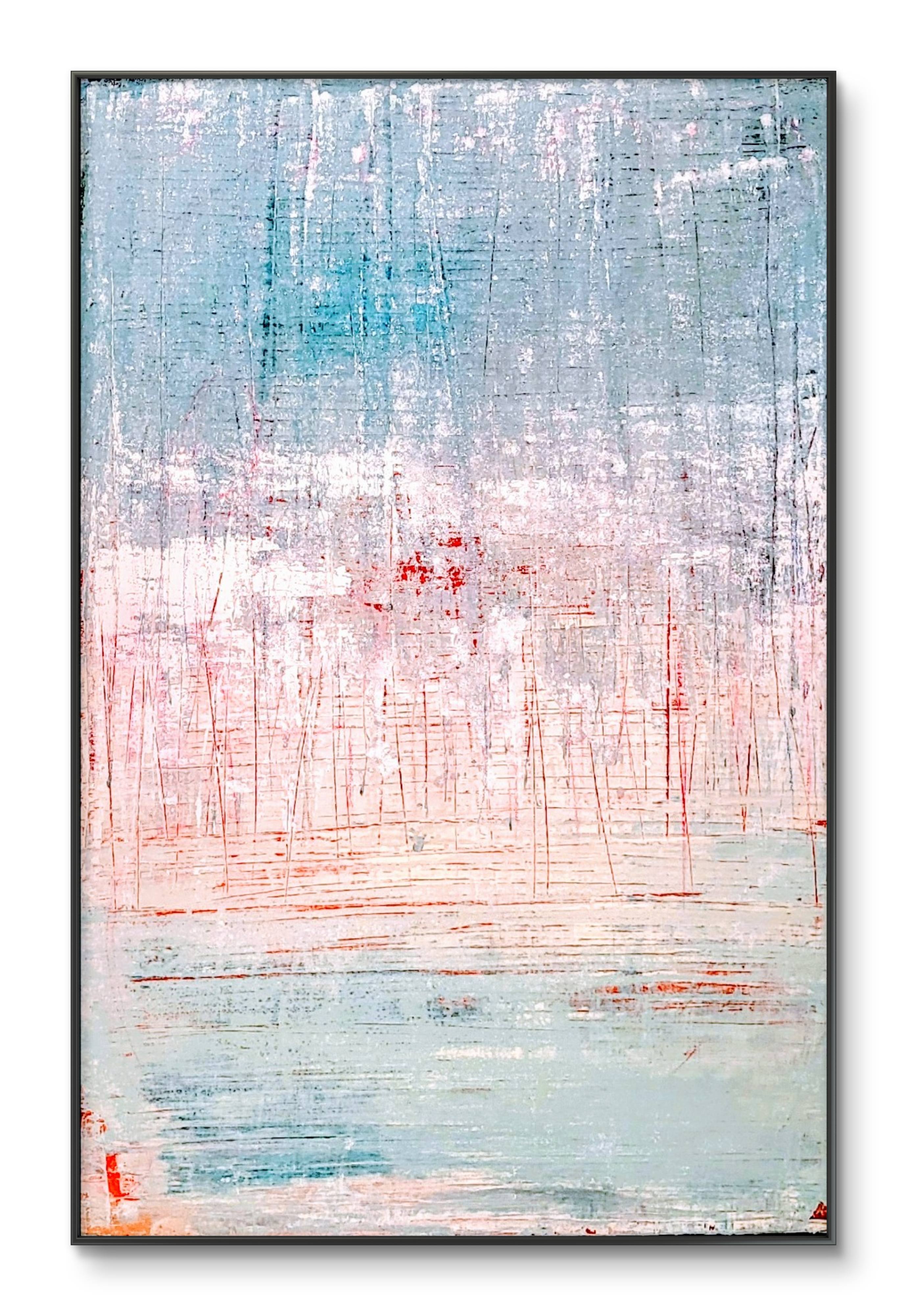 Vorschiedene Weiten von Conny Wachsmann, Künstlerin: Ein abstraktes Gemälde mit sanften Blau-, Weiß- und Rosatönen in strukturierten Kratztechnik-Schichten, die an eine verträumte, dunstige Landschaft erinnern - ideal für die artvergnuegen galerie.