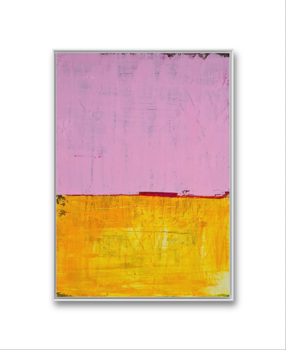 Rastbank – modernes Leinwandbild, Detailansicht Motiv 1.0. Ausdrucksstarke Farbintensität und Struktur
Ein Gemälde mit leuchtendem Pink und Gelb, gestaltet mit Kratz- und Spachtel