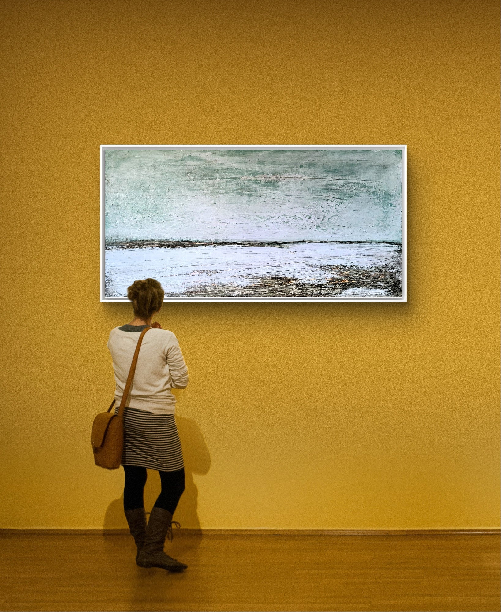 Abstraktes Gemälde – Verschiedene Welten – Zeitgenössische Kunst in Wohnraumansicht