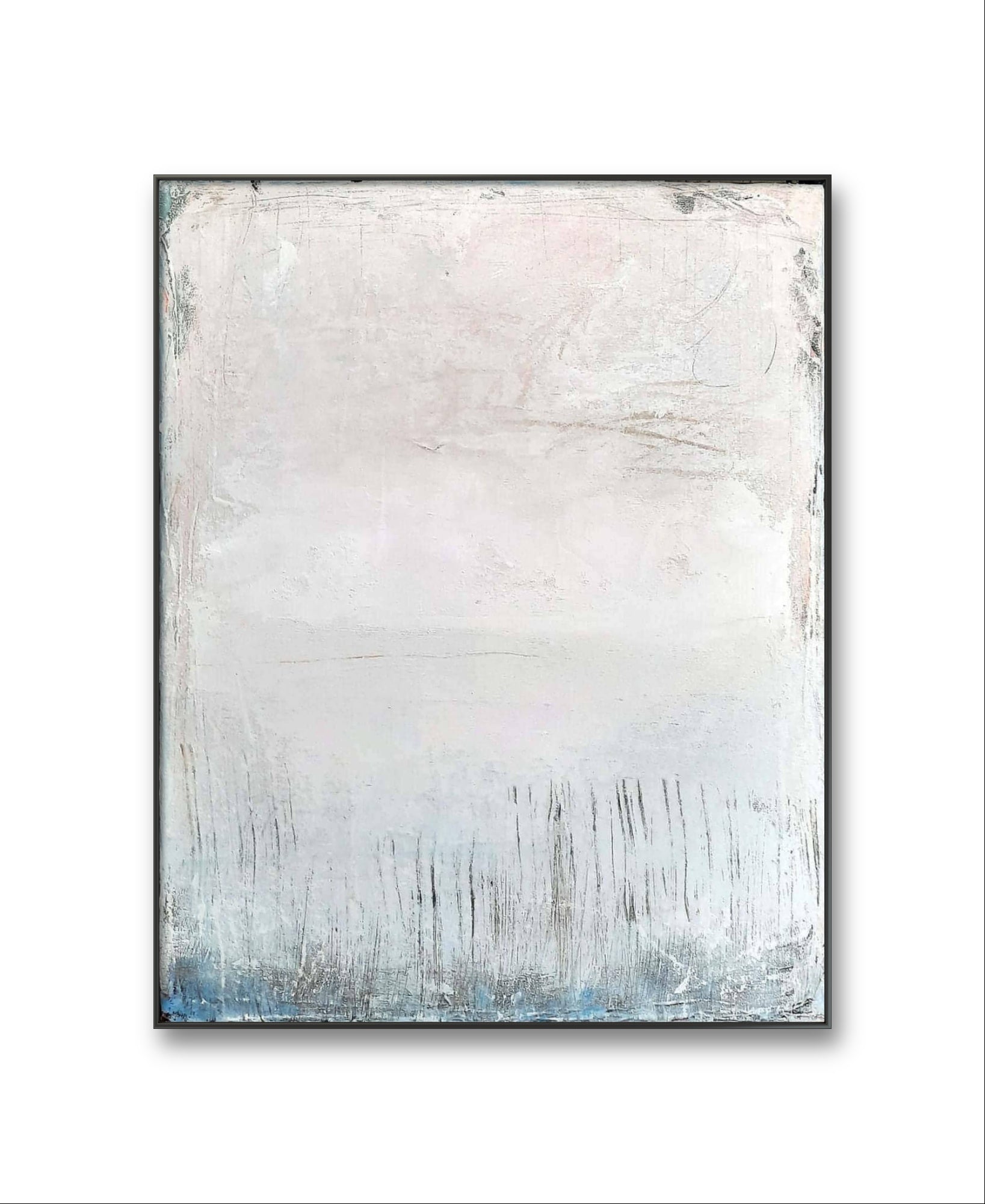 Immer wieder – modernes Leinwandbild, Detailansicht Motiv 1.0. Eine abstrakte Landschaft, die mit ihrer weißen Farbgebung und Sandstruktur eine ruhige, zeitlose Atmosphäre schafft. Di