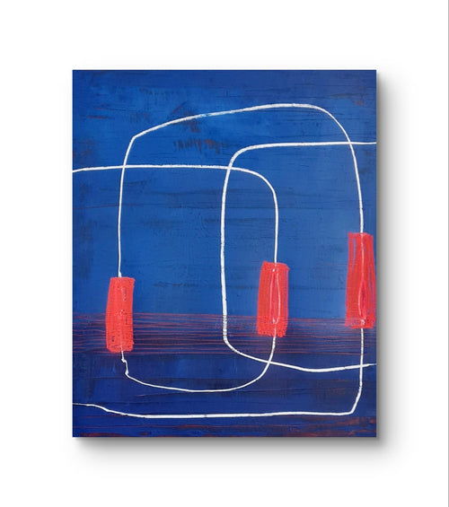 Verwandtschaft – modernes Leinwandbild, Detailansicht Motiv 1.0. Verwandtschaft – Verbindung in Farbe und Form
Ein abstraktes Gemälde in Blau und Rot, bei dem Formen und Linien miteinan