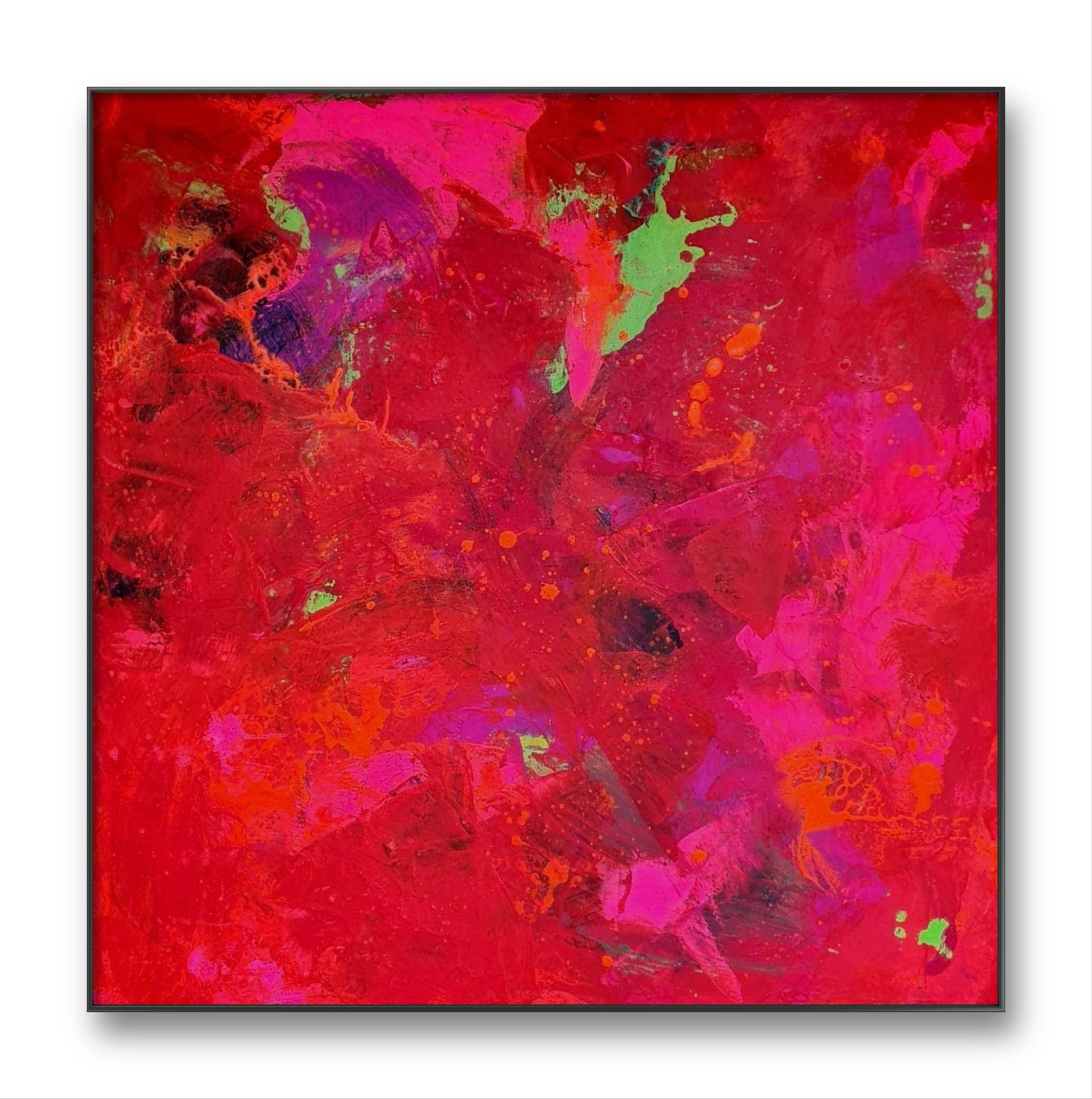 Schwungvoll in den Tag – modernes Leinwandbild, Detailansicht Motiv 1.0. Auftragsmalerei in Rot, Orange, Pink und Grün
Dieses Gemälde bringt Energie und Frische in den Raum. Die Kombination aus