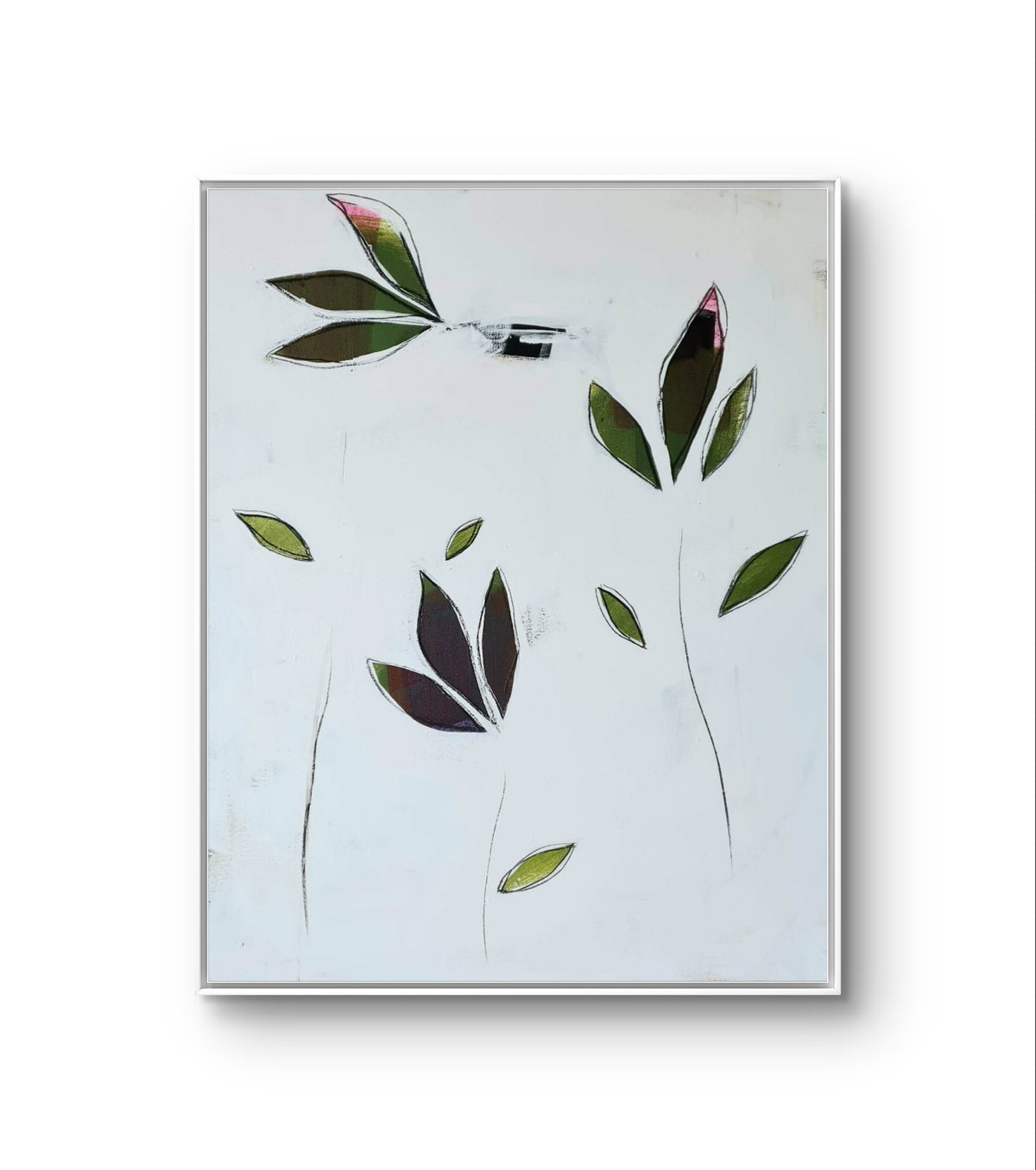 Blumenabo – modernes Leinwandbild, Detailansicht Motiv 1.0. Die Spachtelarbeit in Weiß und Grün verleiht dem Bild eine spezielle schlichte Textur und Tiefe, während die schwarze Um