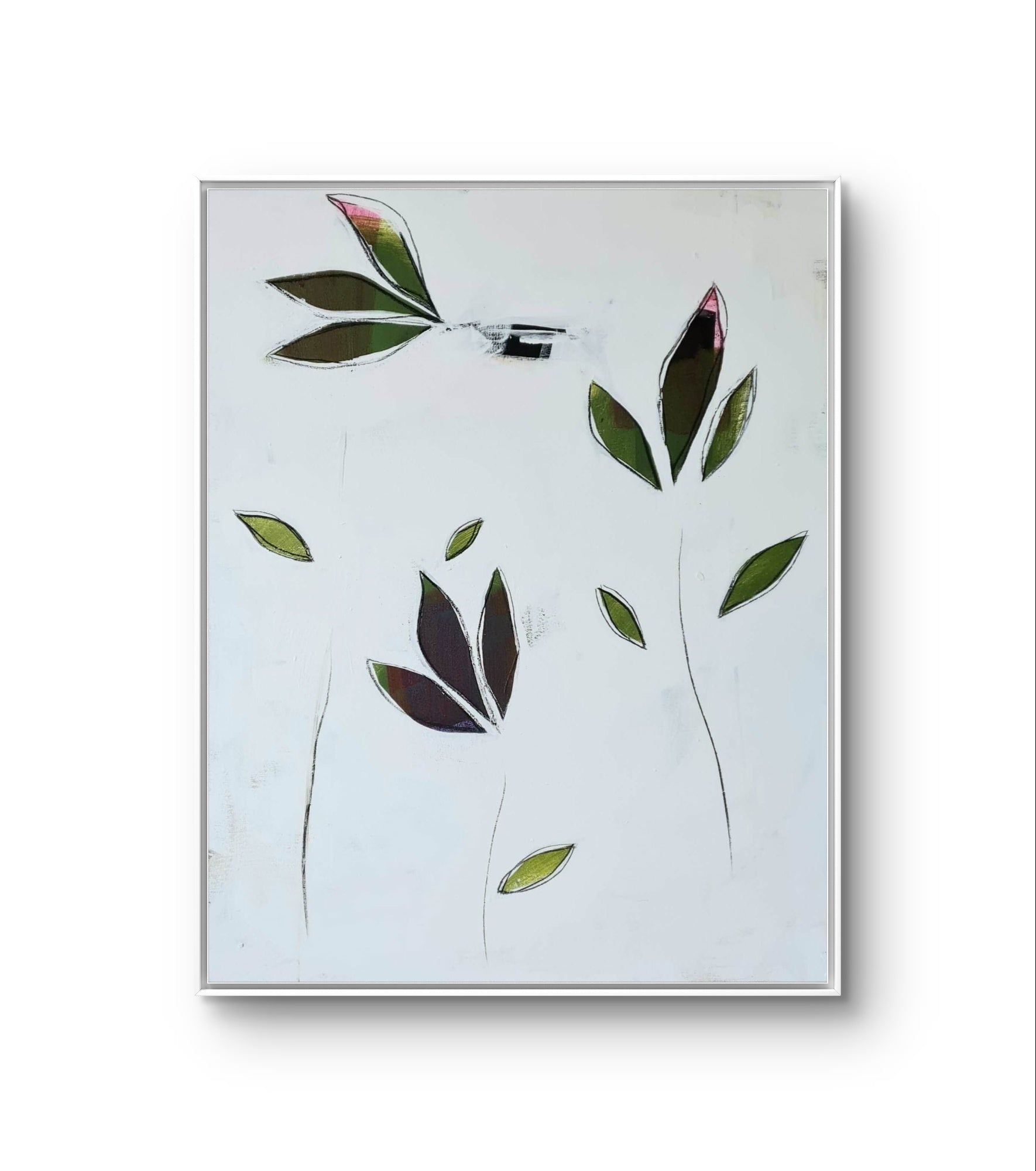 Blumenabo – modernes Leinwandbild, Detailansicht Motiv 1.0. Die Spachtelarbeit in Weiß und Grün verleiht dem Bild eine spezielle schlichte Textur und Tiefe, während die schwarze Um
