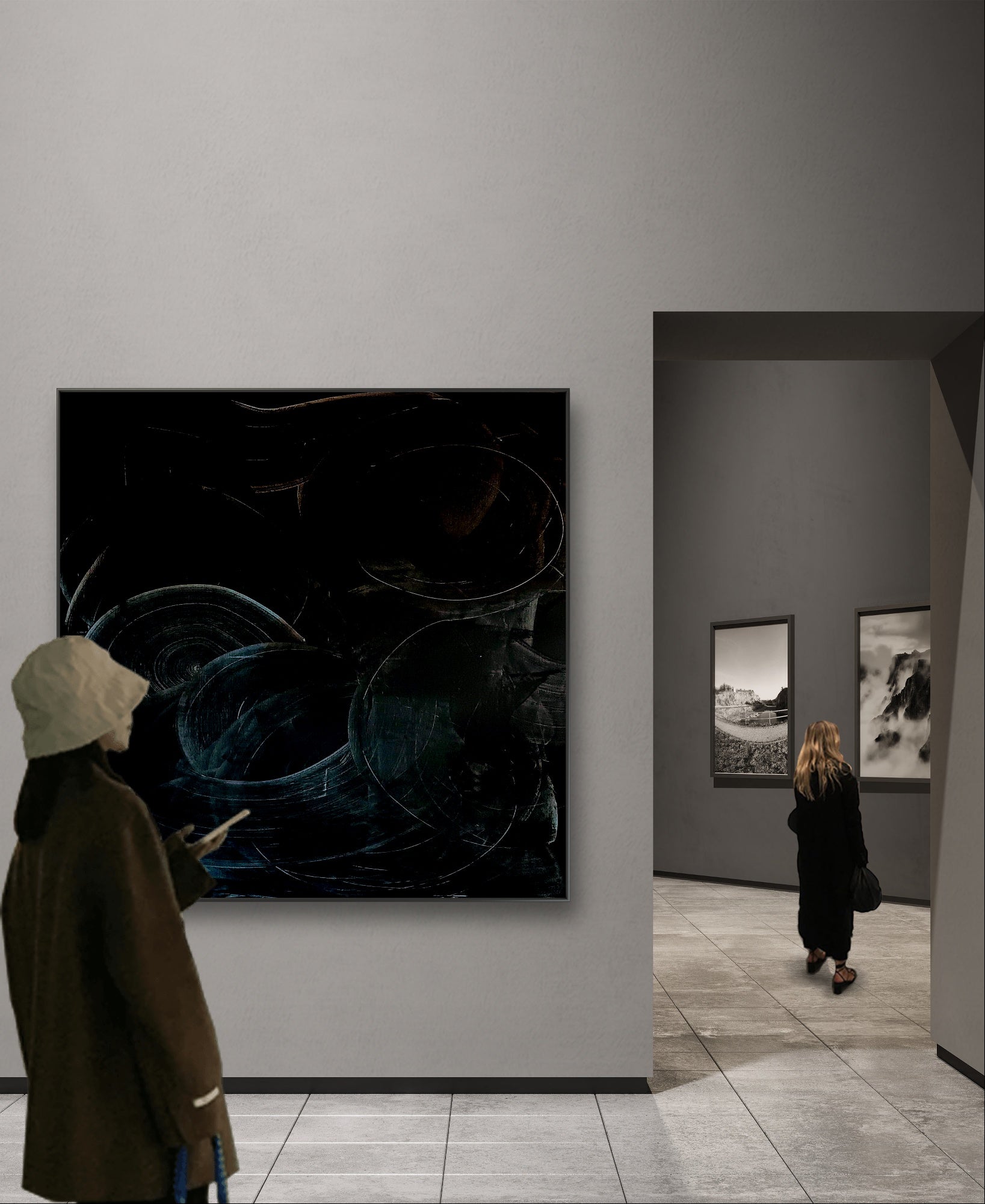 Auftragskunst, abstrakte Bilder, Abstraktes schwarzes Bild - Verbundenheit - mit weißem Rand,moderne-schwarze-bilder-kunst-kaufen, abstrakte Bilder kaufen ,