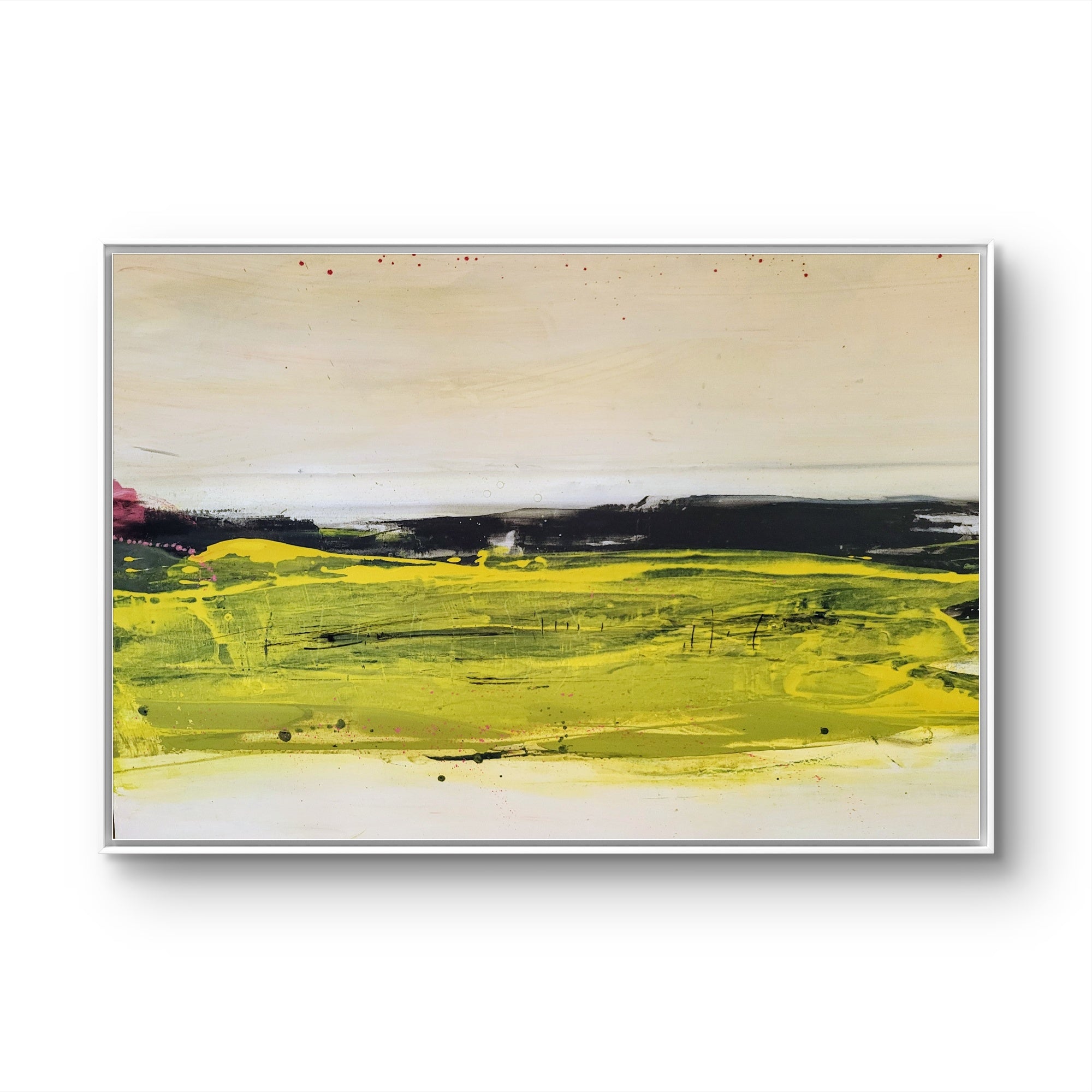 Abstraktes Gemälde in Beige und Olive – Zeitgenössische Kunst in Wohnraumansicht