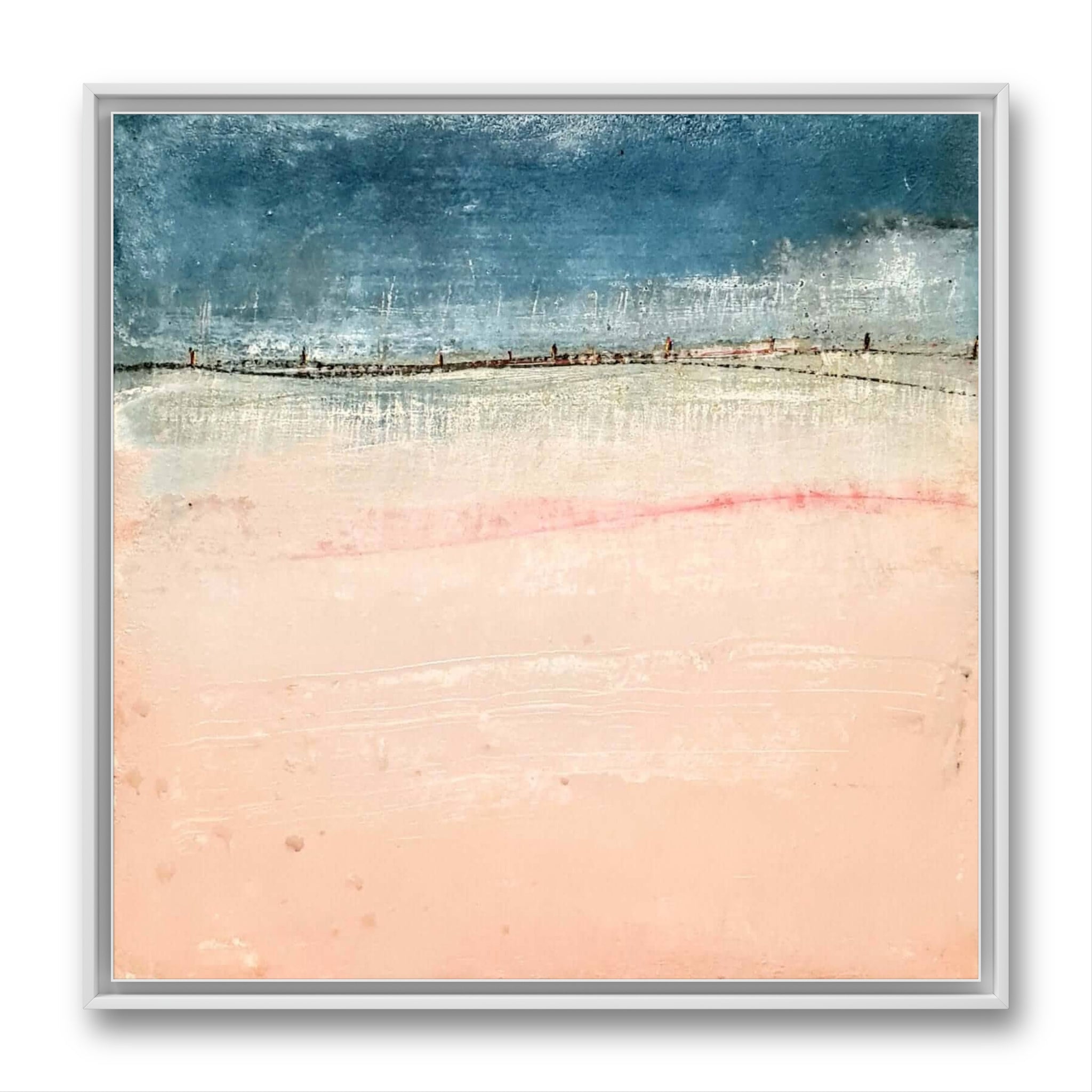 Die Gedanken sind frei – modernes Leinwandbild, Detailansicht Motiv 1.0. Ein abstraktes Landschaftsbild, dass durch seine kräftige Struktur und die Kombination aus Blau und Rosa besticht. Die F